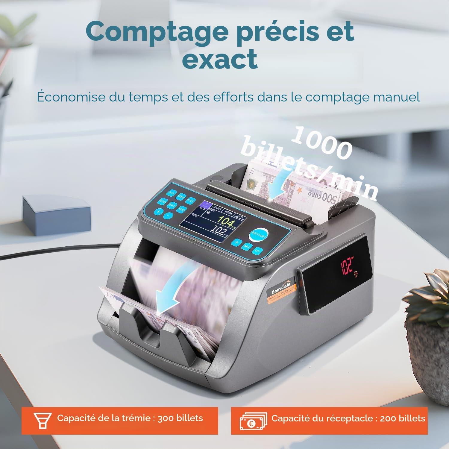 Bonvoisin Compteuse de Billets Professionnelle, Comptage de Valeurs pour Coupures Mixtes en EUR, Machine à Compter les Billets avec Détection des Contrefaçons UV/MG/IR/MT/DD, 1000 Billets/Min (EU)