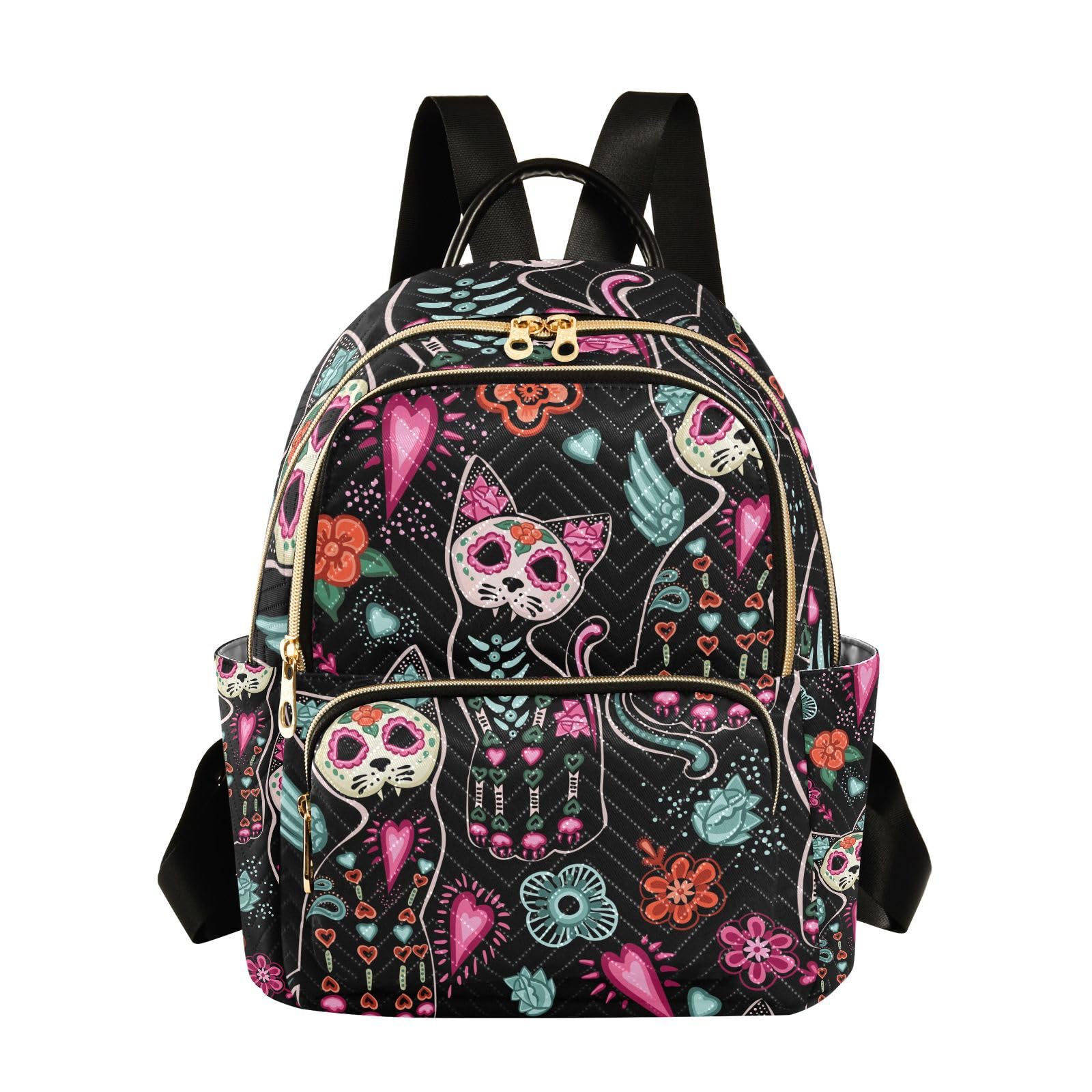 ALAZA Small Backpack Purse Dead Cat Sugar Skull Quilted Backpack for Women Girls Teen Fashion Daypack Ladies Bookbag Work Travel Daily Rucksack