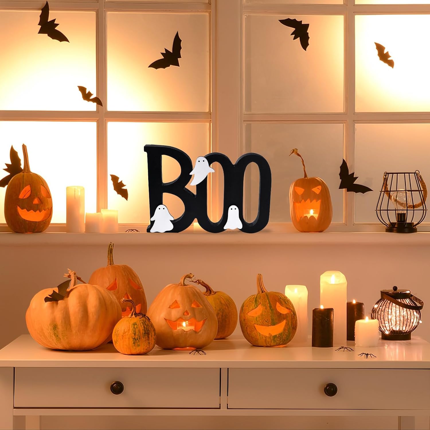 Ovootok Wooden BOO Sign Halloween Table Decorations Cute Ghost Decor Indoor