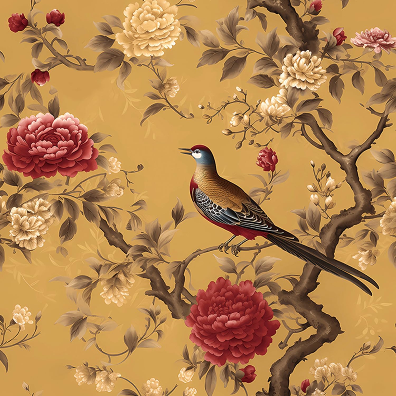 YENHOME Chinoiserie Wallpaper Peel and Stick Vintage Bird and Floral Peony Wallpaper 17.5" X10ft Mustard Yellow Gold Removable Oriental Floral Contact Paper for Bedroom Living Room Accent Wall Décor