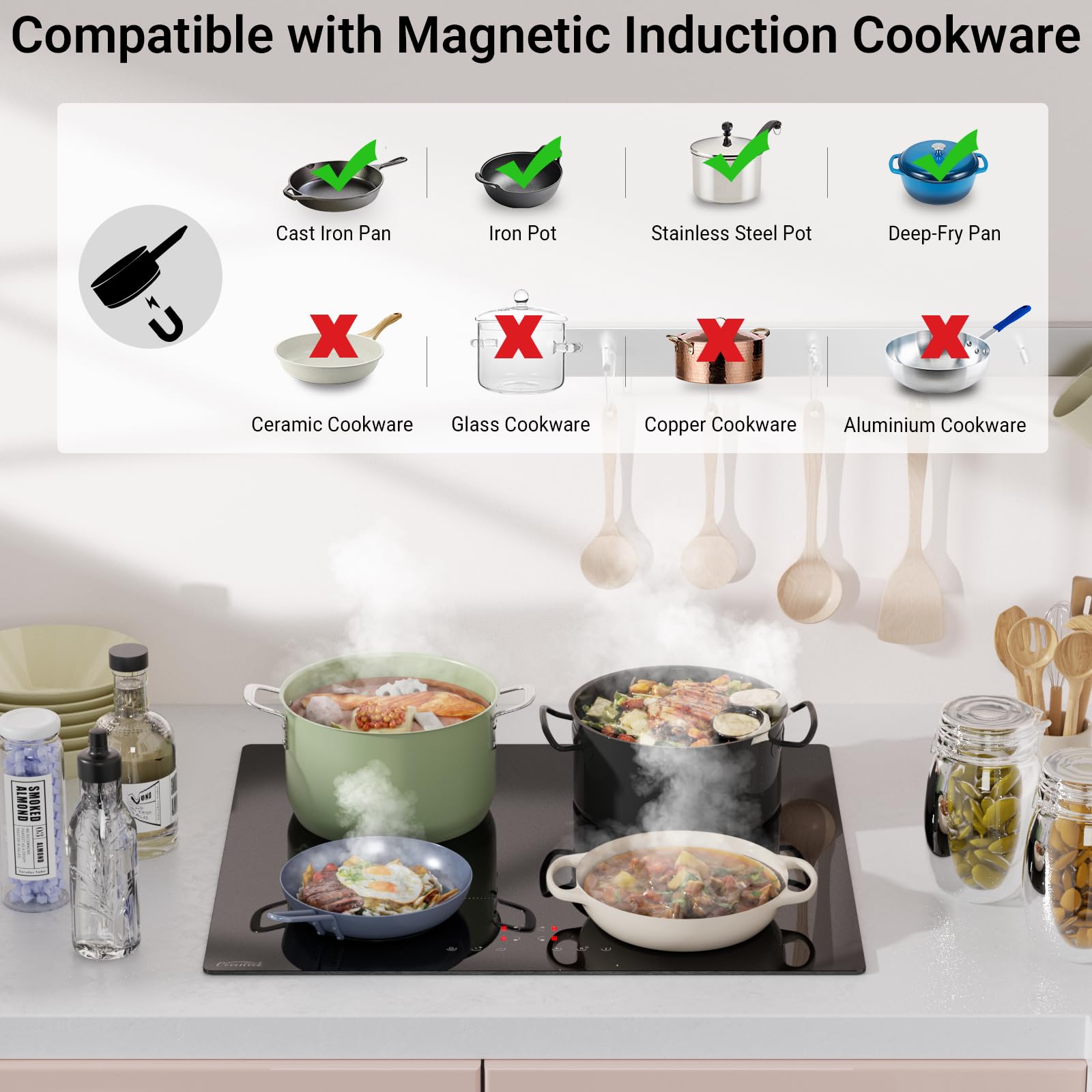 COVERCOOK Plug in Induction Hob 13 Amp 2800W, 4 Zones Plug in Electric Hob 60cm, Induction Hob Touch Control with Timer, Child Safety Lock, Keep Warm, Pause Function, Boost, Black — view 7