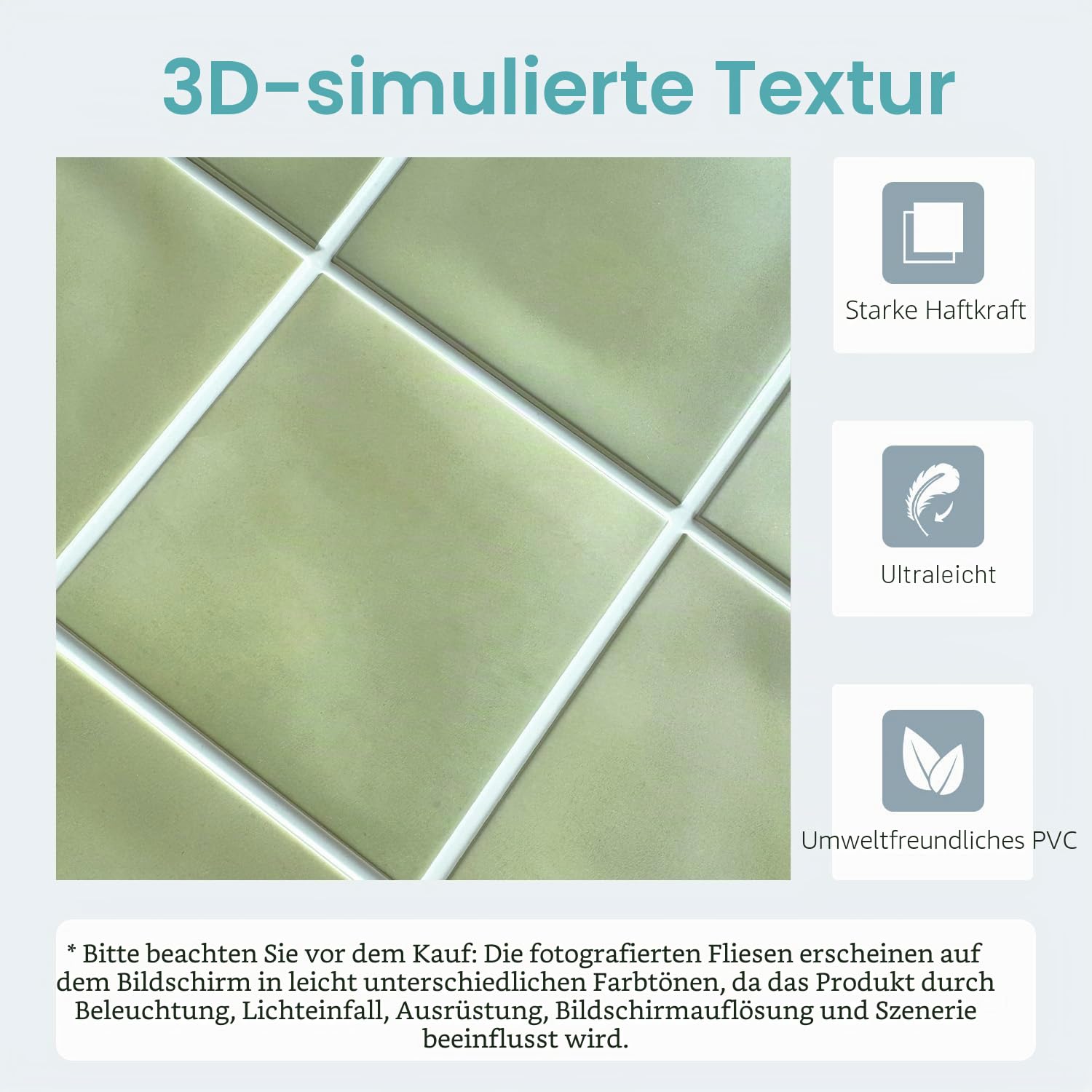 Commomy 3D Selbstklebend Fliesenaufkleber 30 x 30 cm PVC Matt Salbei Grün für Küche Bad Metro Wanddekor