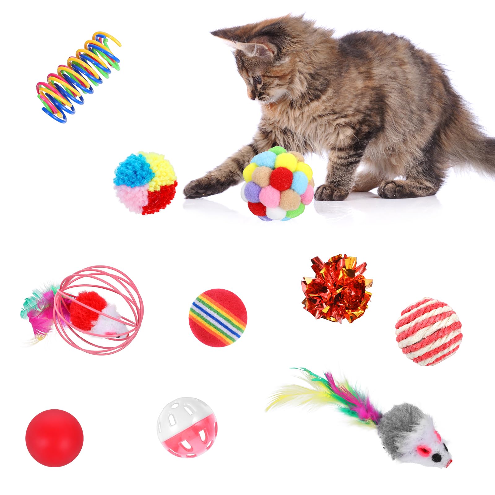 Lot de 150 jouets pour chat en vrac assortis - Jouet pour chat avec souris - Balles en sisal - Balles de tennis de table en peluche - Balles en peluche - Balles froissées