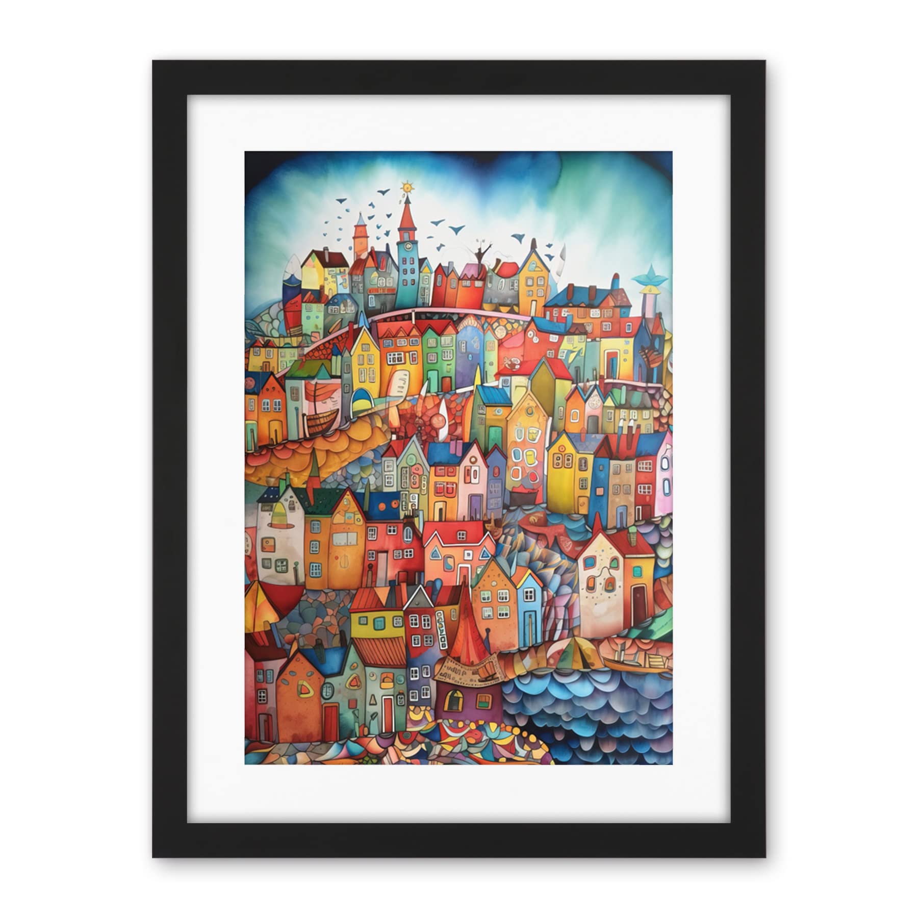 Artery8 Abstract Fishing Village Folk Art Artwork Framed Wall Art Print 18X24 Inch