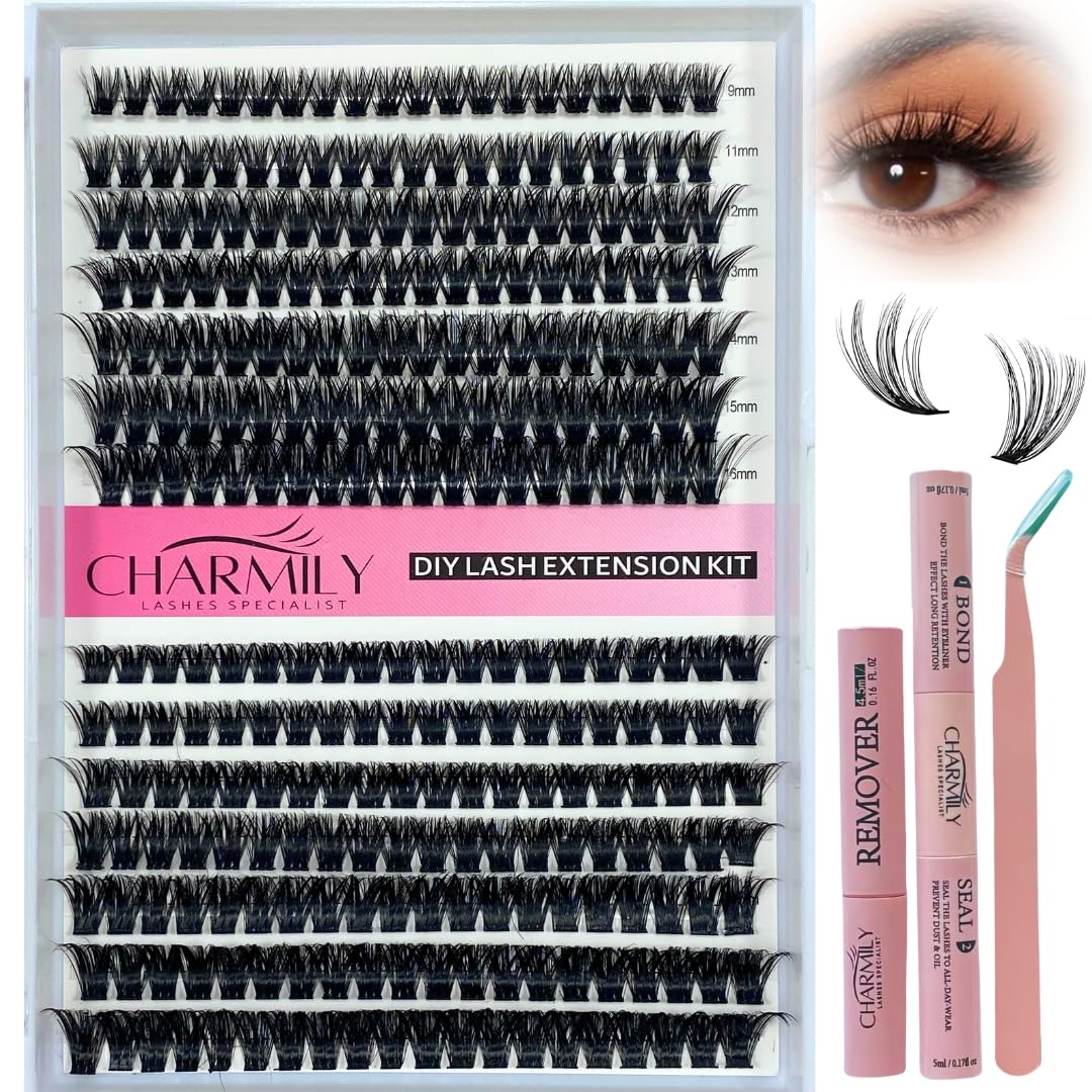 Charmily DIY Lash Clusters Kit – 280pcs Volume Lashes clusters, D Curl Soft Wispy Lash extension kit 60D+80D Mix 9-16mm Eyelash Cluter Glue Bond Seal