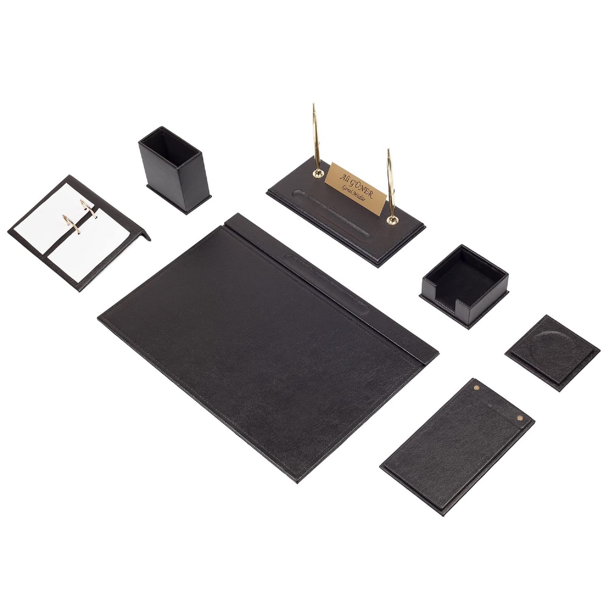 Set da scrivania in pelle nera, supporto per banconote, porta penne, sottobicchiere in pelle, accessori da scrivania, accessori da scrivania, colore: nero (9PCS)