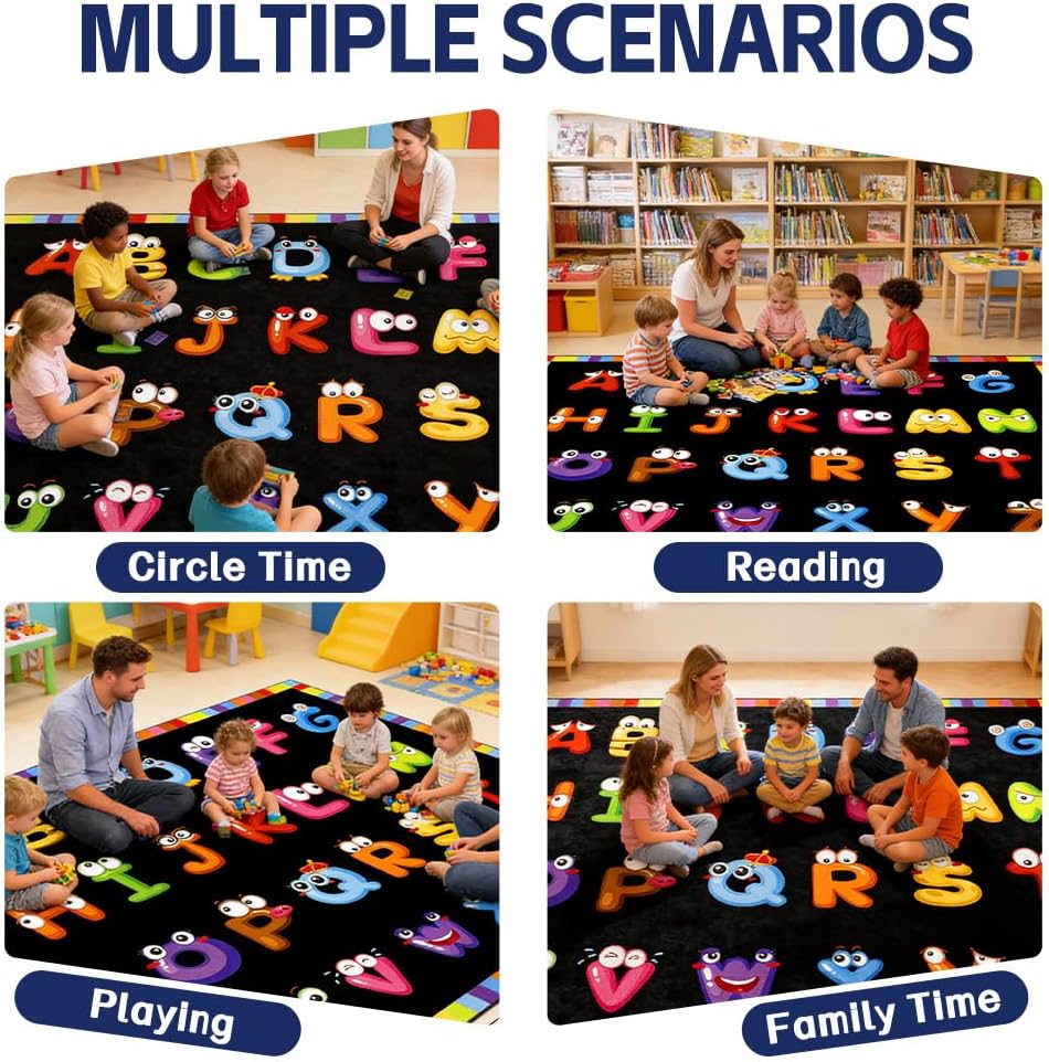 6'7''x8'7'' ABC Black Classroom Rug, Daycare Rugs for Classroom, Large Classroom Rugs Elementary, Preschool Rugs for Children, Kindergarten Educational Rug for Classroom