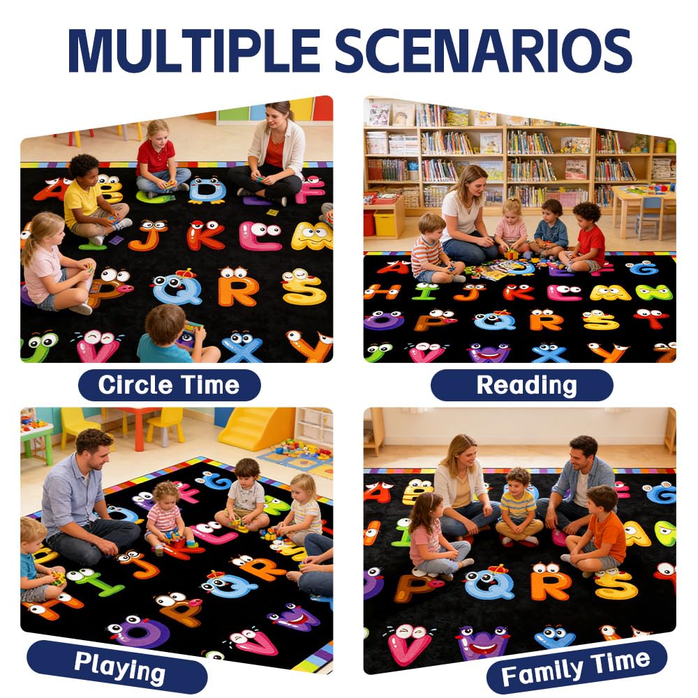 ABC Kinderteppich, ABC-Teppich für Kinderzimmer, 2,7 x 2,1 m, für Kindergarten, Kindertagesstätte, für Klassenzimmer, waschbar, Kinderteppich für Schule, Alphabet, pädagogischer Teppich für