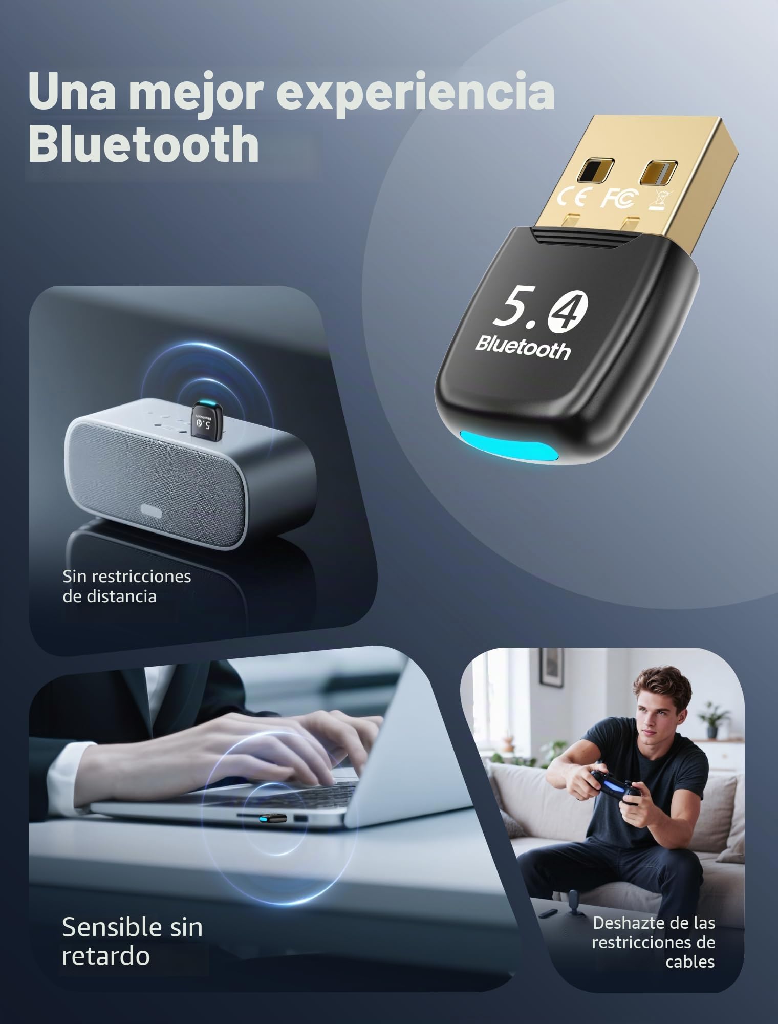 Adaptador Bluetooth para PC 5.4, USB Bluetooth Adapter para Windows 11/10/8.1, Plug and Play, para PC, Portátil, Ratón, Tableta, Auriculares, 7 Conexiones