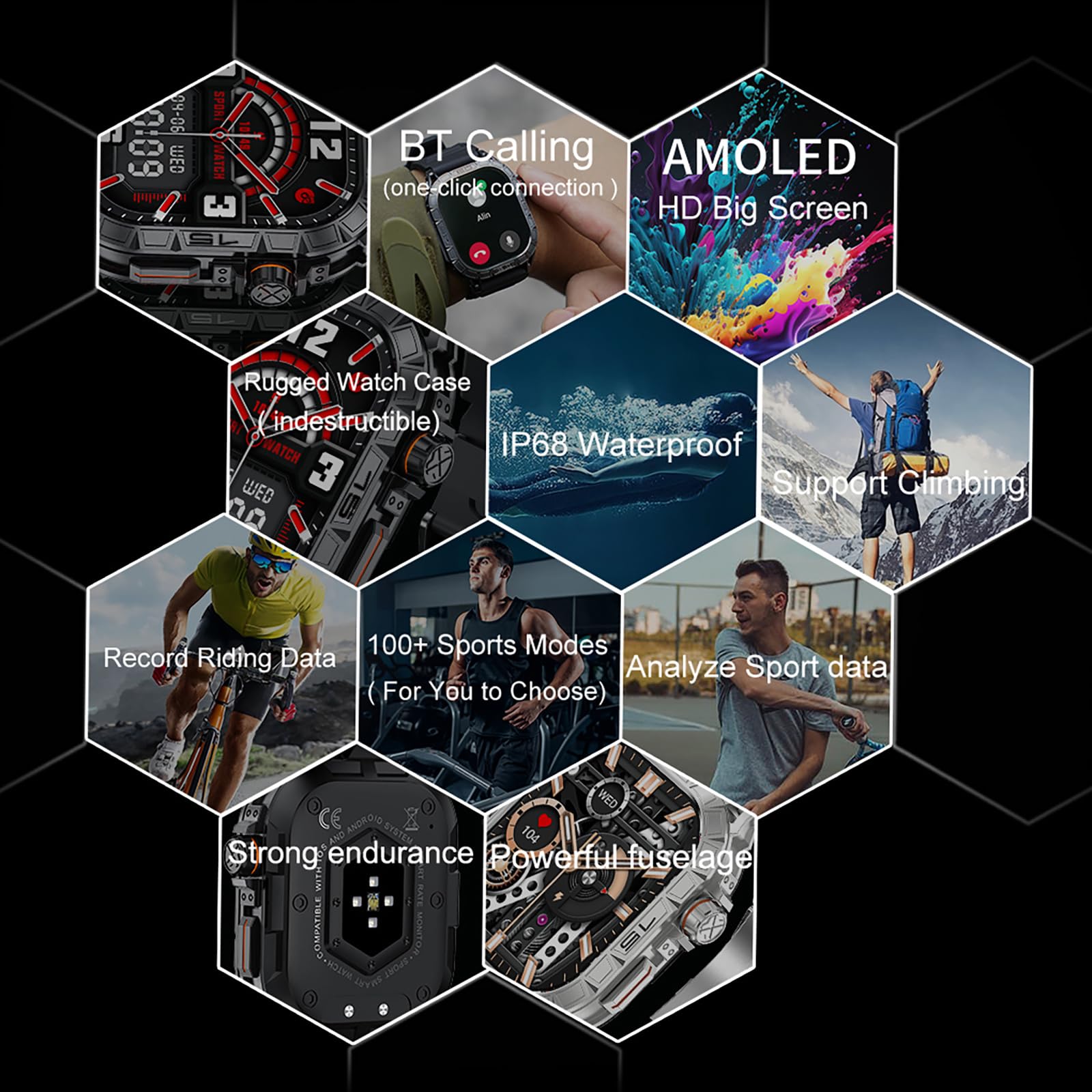 Yihou AMOLED Smartwatch Militare Uomo Chiamata Bluetooth IP68 Impermeabile Nuoto con Bussola/Frequenza Cardiaca/Pressione Sanguigna/Monitor del Sonno, Smartwatch tattico Fitness per Esterni 4.96