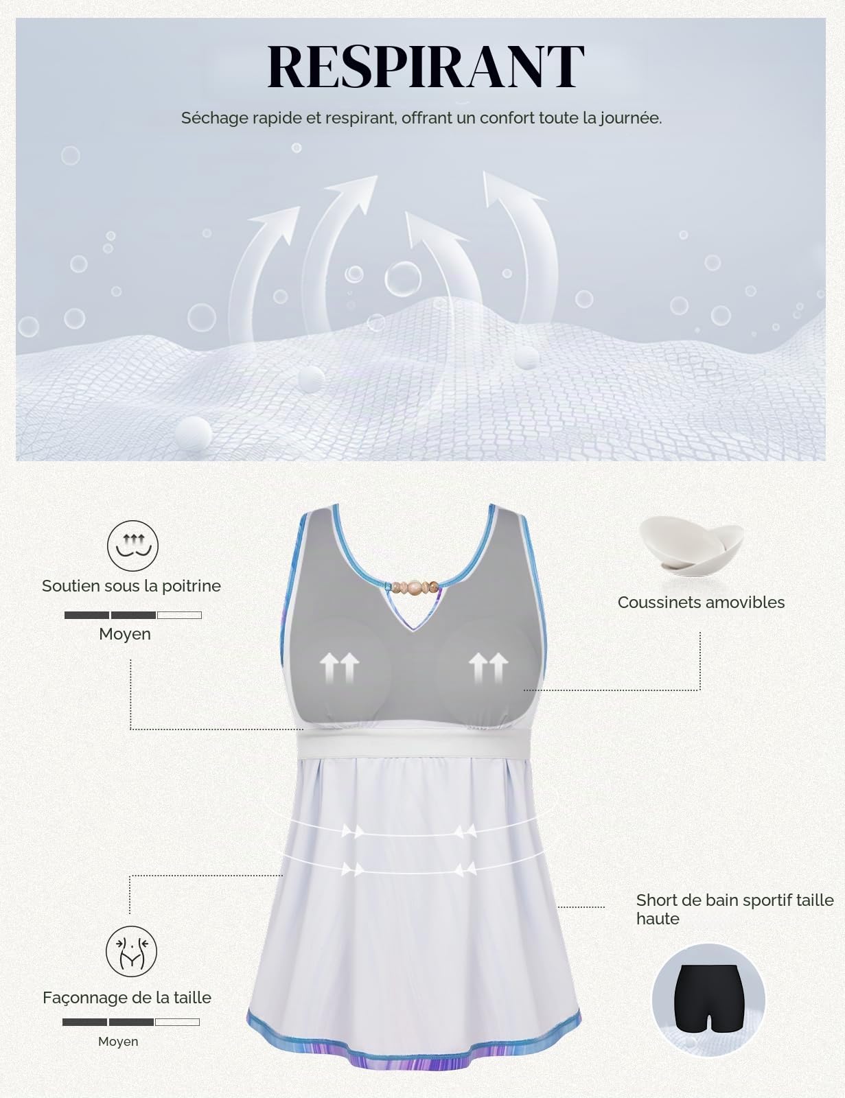 Hanna Nikole Tankini 2 pièces pour femme - Maillot de bain modeste - Col en V - Avec poches - Short de bain sportif - 2 pièces