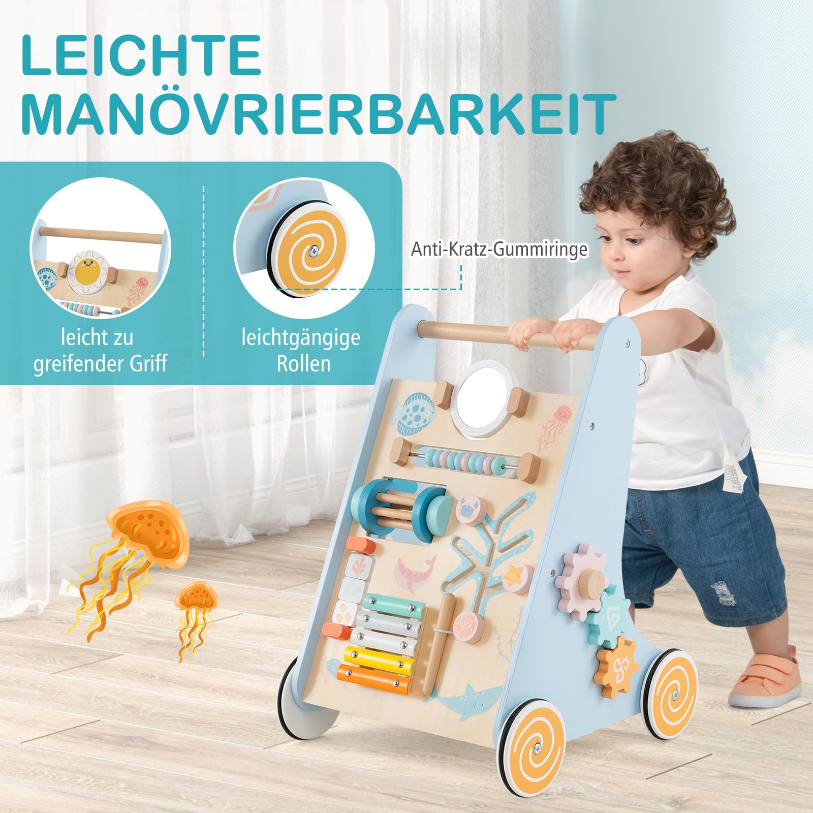COSTWAY Lauflernwagen Holz, Baby Lauflernhilfe zum Schieben und Ziehen, Montessori Laufspielzeug mit Rädern, Laufwagen für Jungen und Mädchen ab 1 Jahr, 35 x 33 x 47 cm (Meer-Blau)