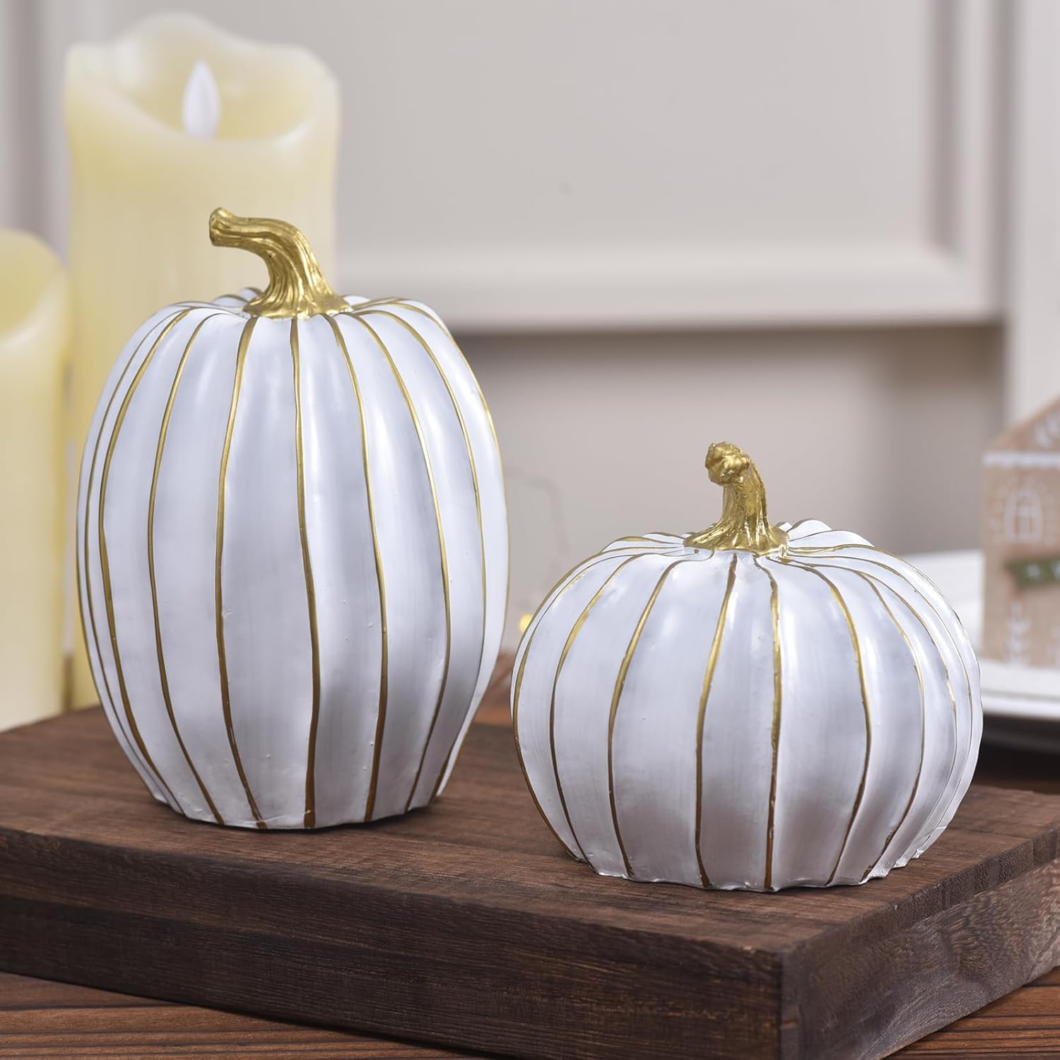 Fall Pumpkin Decor for Home, 2pcs White and Gold Resin Pumpkins, Thanksgiving Table Centerpiece, Halloween Pumpkin Decorations for Indoor, Shelf, Mantel, Tiered Tray Display (White)