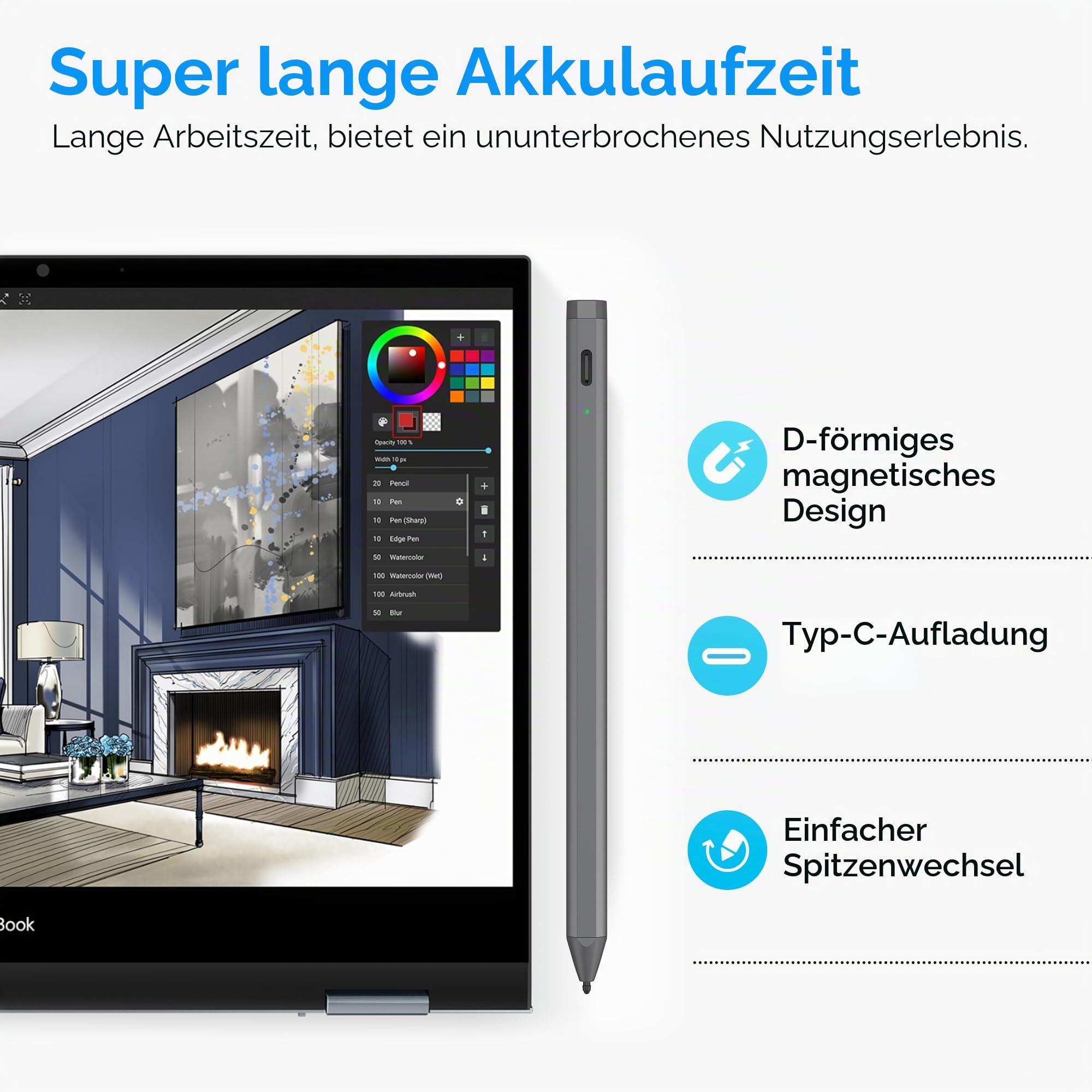 USI 2.0 Stift Stylus, Handflächenabweisung mit 4096 Level Druck Eingabestifte für Amazon Fire Max 11 / Fire HD 10 / Google Pixel Tablet/HP/ASUS/Acer/Lenovo Einige Chromebook Modell