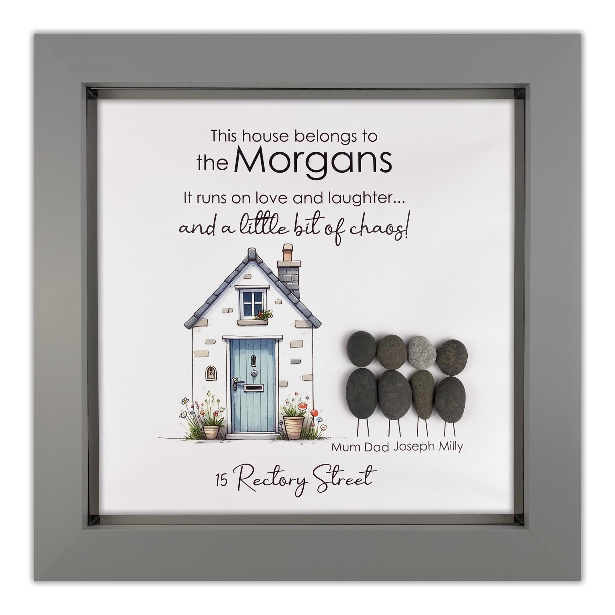 Handmade Personalised Family Pebble Art, Housewarming Present, New Home Gift, Family Pebble Picture, Mother's Day, Little Bit of Chaos, Our New Home (Grey Frame)