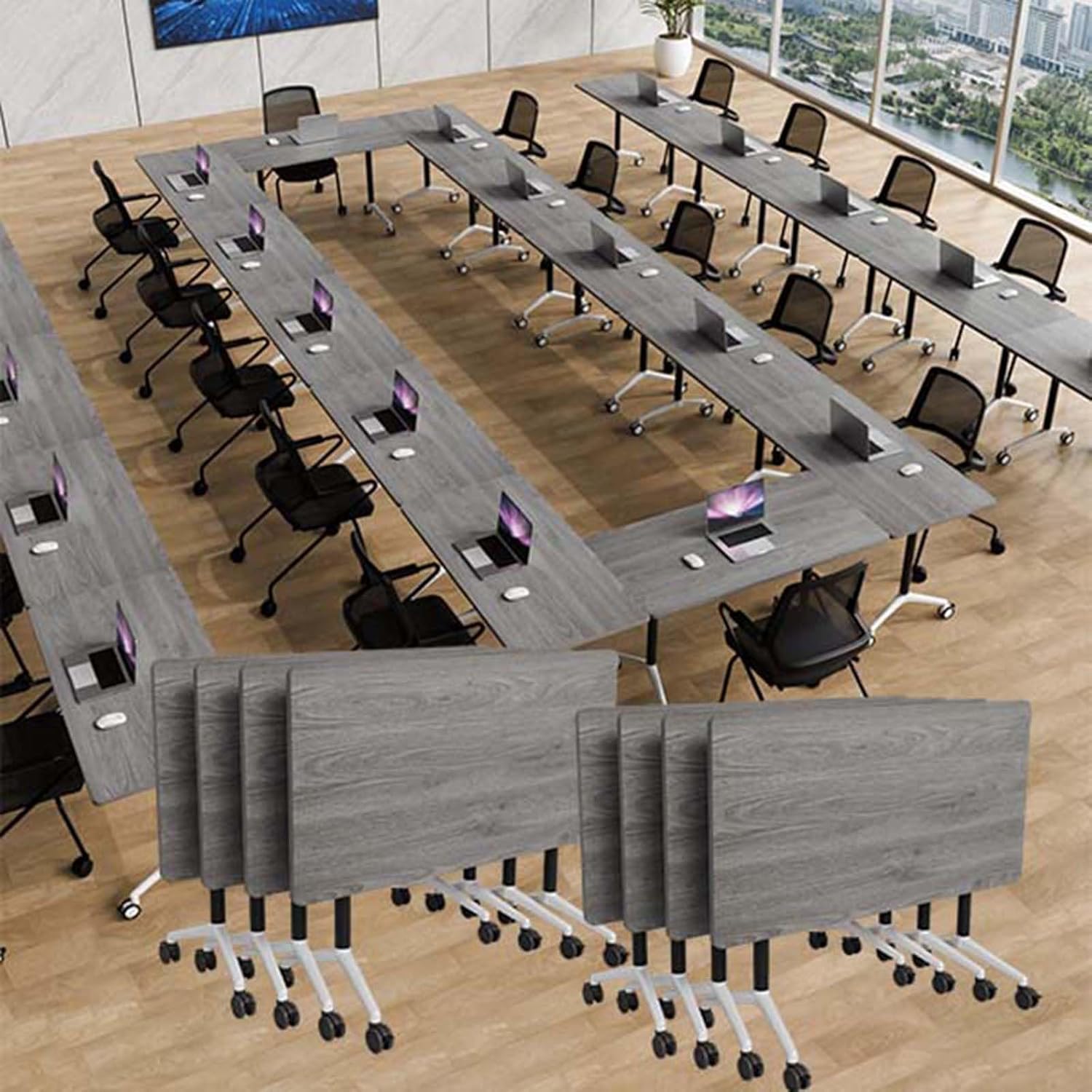 Conference Table Folding Conference Room Tables, Modern Mobile Foldable Training Table with Wheels for 6-12 Person, Modular Seminar Meeting Tables for Office School (4, Grey-1915, 47.2Inch)