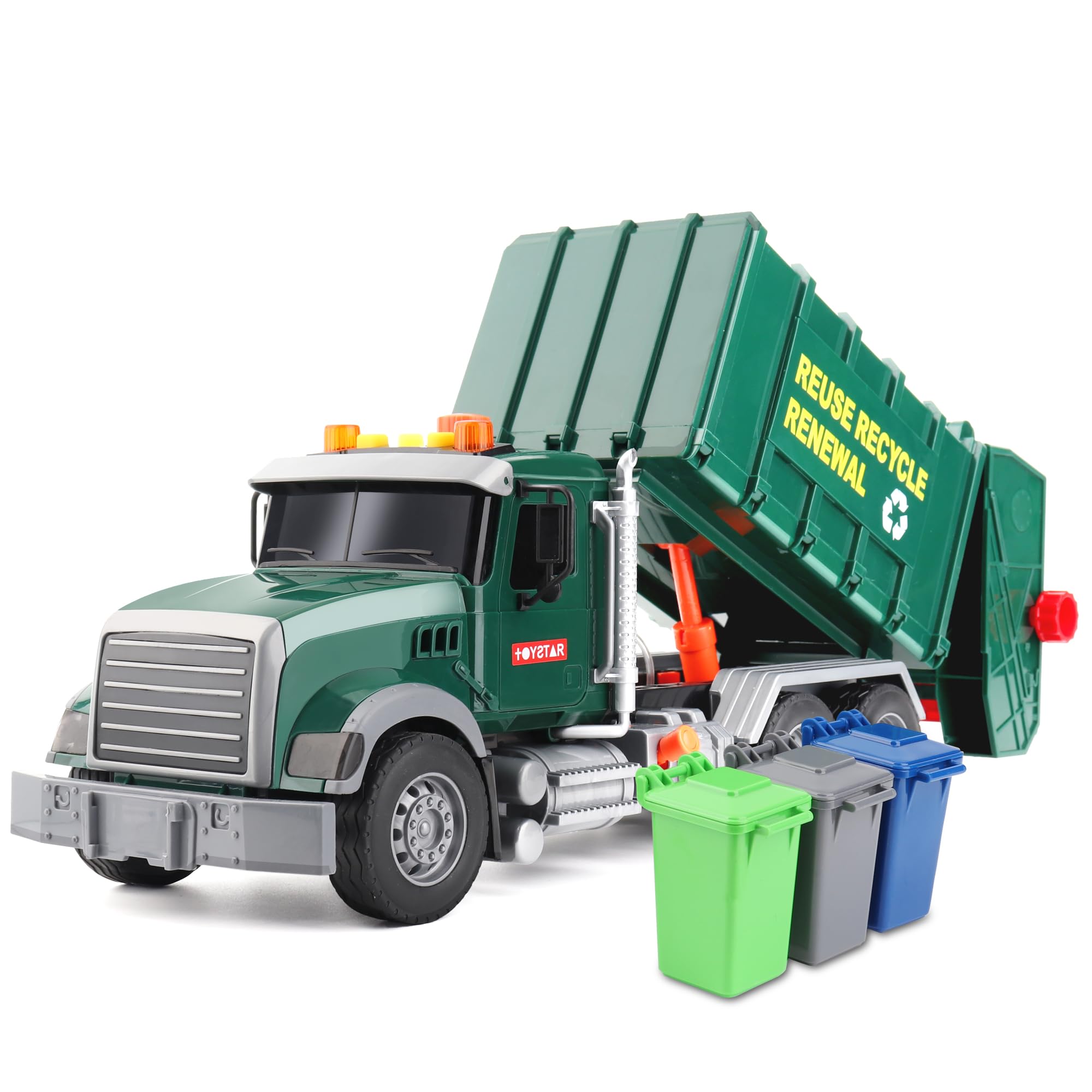 Dwi Dowellin Toddler Toys for 3 + Years Old Boys, 15" Large Garbage Truck Toy,Friction Powered Waste Management Garbage Truck with Lights and Sounds,3 Rear Loader Trash Cans,Kids Gift