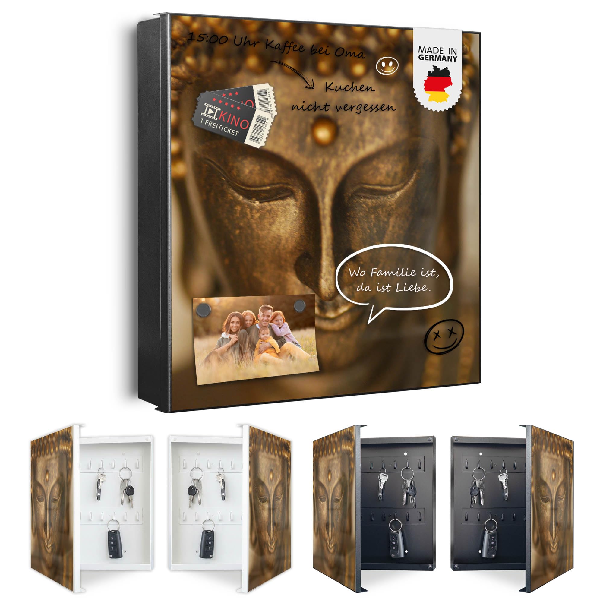 banjado Großer Schlüsselkasten Metall - Schlüsselbox 30x30cm beschreibbarer mit 32 Haken - Schlüsselkasten modern für Schlüsselaufbewahrung - Korpus Schwarz Scharnier Links - Motiv Buddha Gold