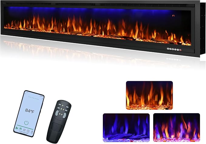 74" WiFi-Enabled Electric Fireplace Insert, APP Smart Control, Wall Mounted&Recessed