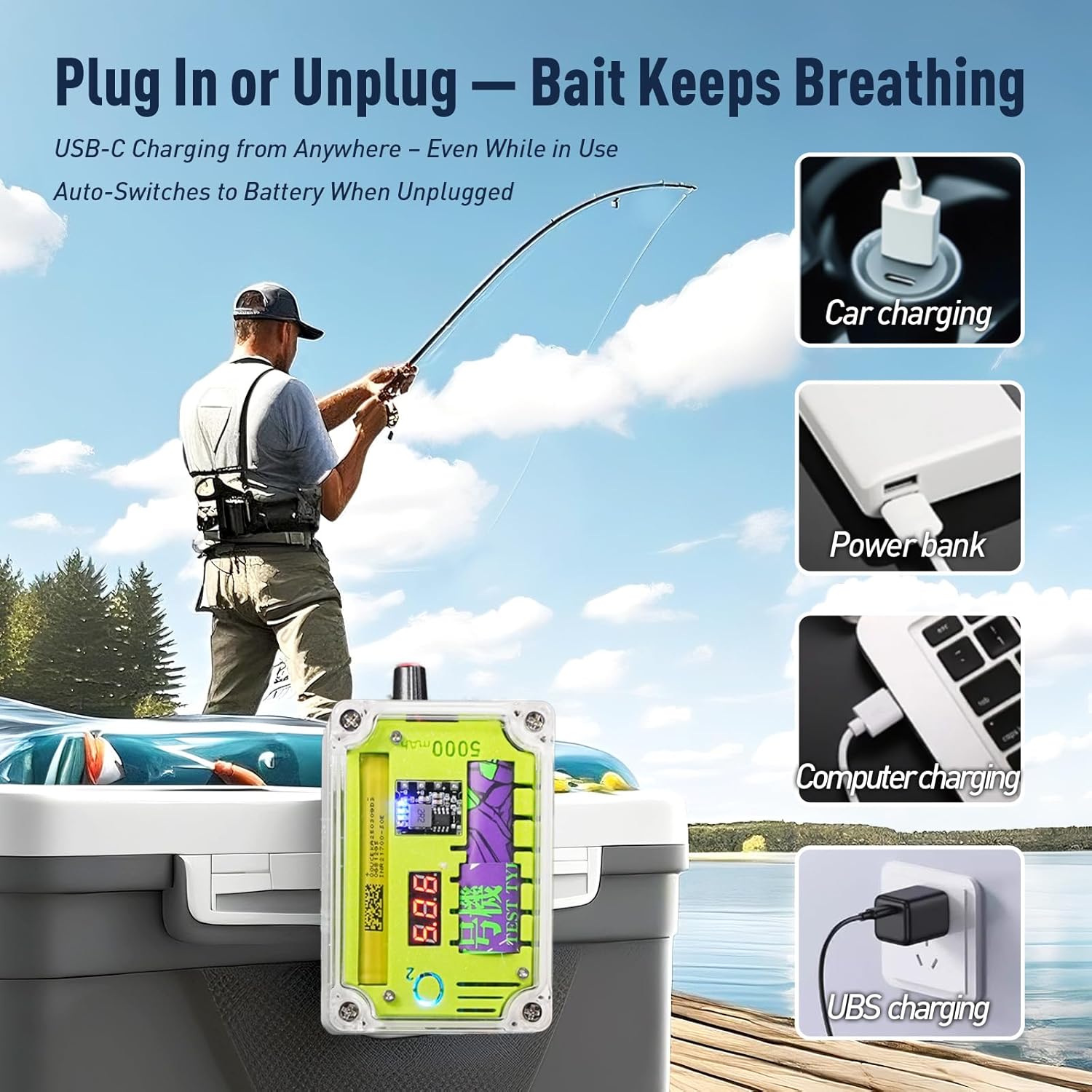 Rechargeable Live Bait Aerator Pump – All-Day & Overnight Oxygen, 5000mAh USB-C Portable Air Pump, Stepless Dial Control, Ultra Quiet, Dual Outlet, Splash-Resistant for Minnow Buckets & Ice Fishing