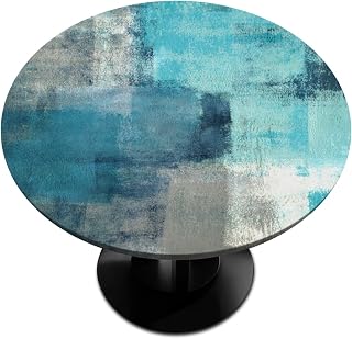 Pardick Turquoise Teal Round Fitted Tablecloth Circle Table Cover with Elastic Waterproof Wipeable Polyester Small Table Cloths for Outdoor Kitchen Picnic Party Dining Decor Fit for 40"-44" Tables
