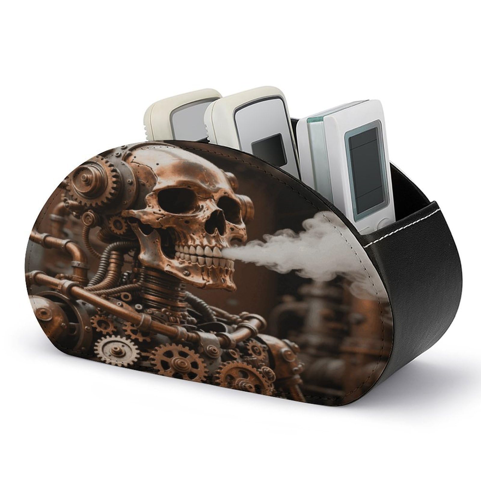 VstaDank Steam - Punk Metal Skull Remote Control Holder with 5 Compartments PU Leather TV Remoter Caddy Desktop Organizer TV Remote Holder Remote Box for Media Controllers Office Supplies