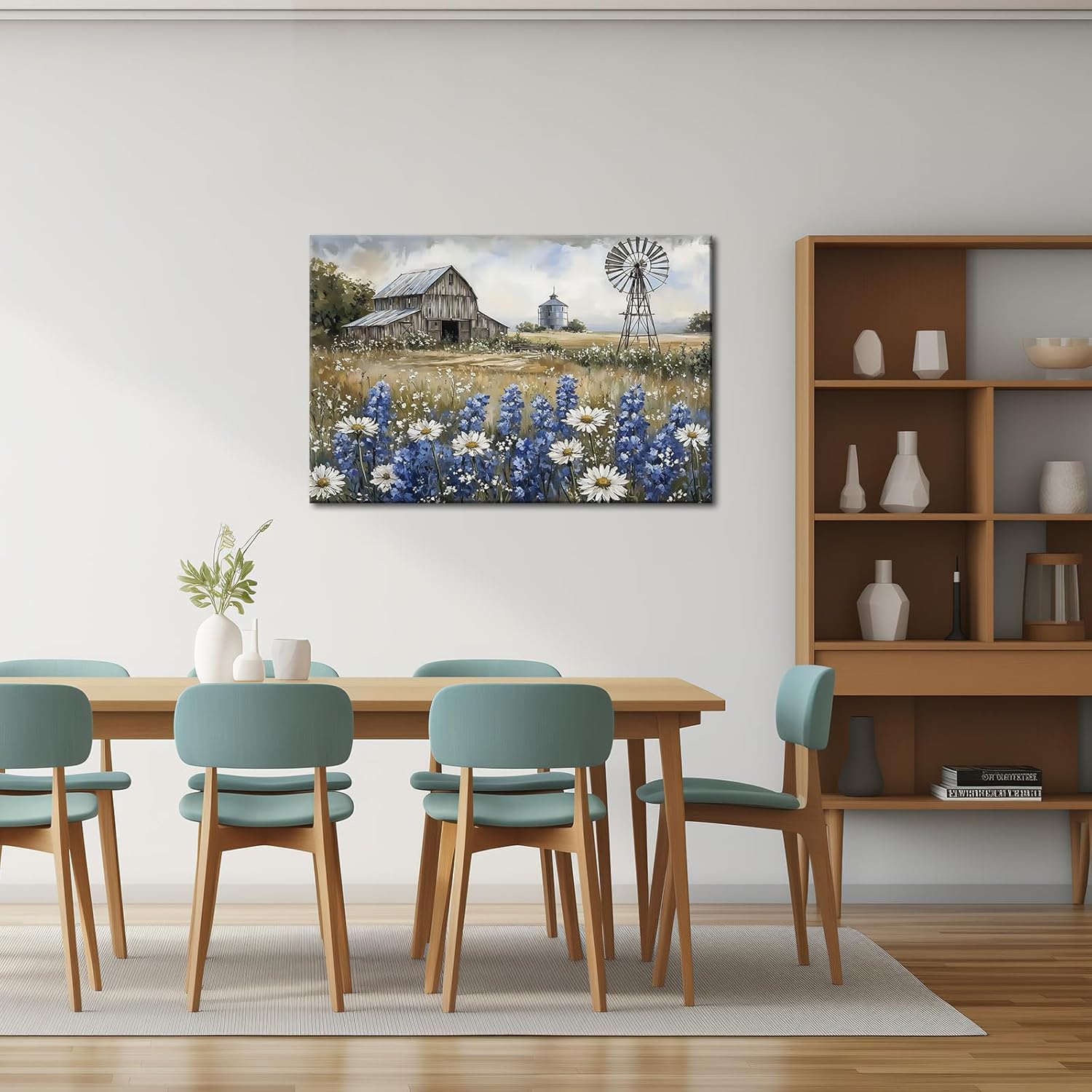 Farmhouse Canvas Wall Art Old Barn Picture Rustic Windmill Posters Country Landscape Framed Wildflower Prints for Home Decor（Farm-4,12x18inch (30x45cm)