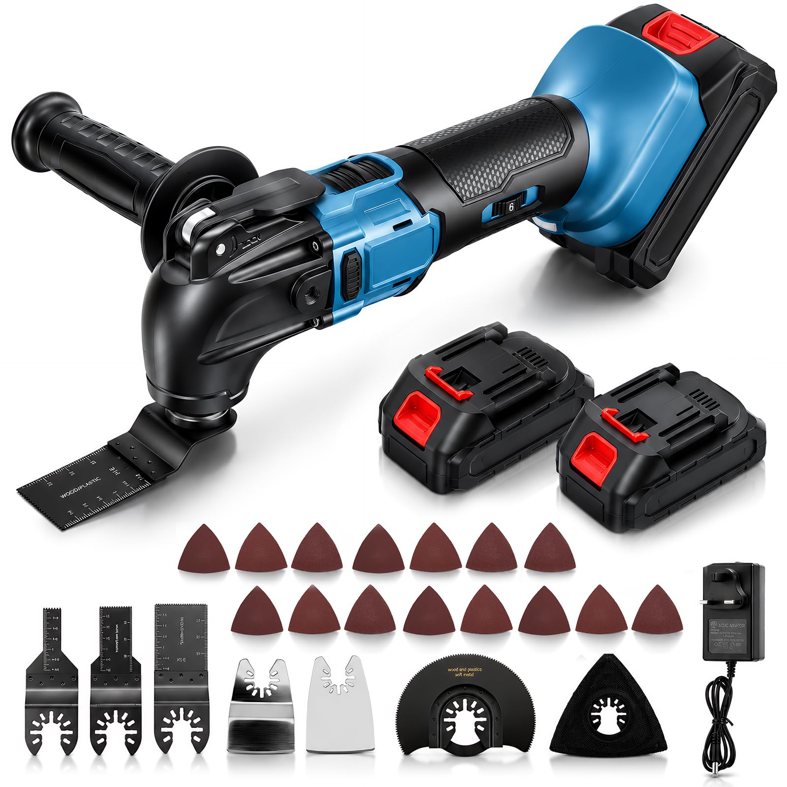 Cordless Oscillating Multi Tool Compatible with 2x2000mAh Batteries, 6-Speed + Auto Mode Multitool with Low-Vibration & Quick-Change System, 23Pcs Accessories Kit for Cutting/Sanding/Scraping