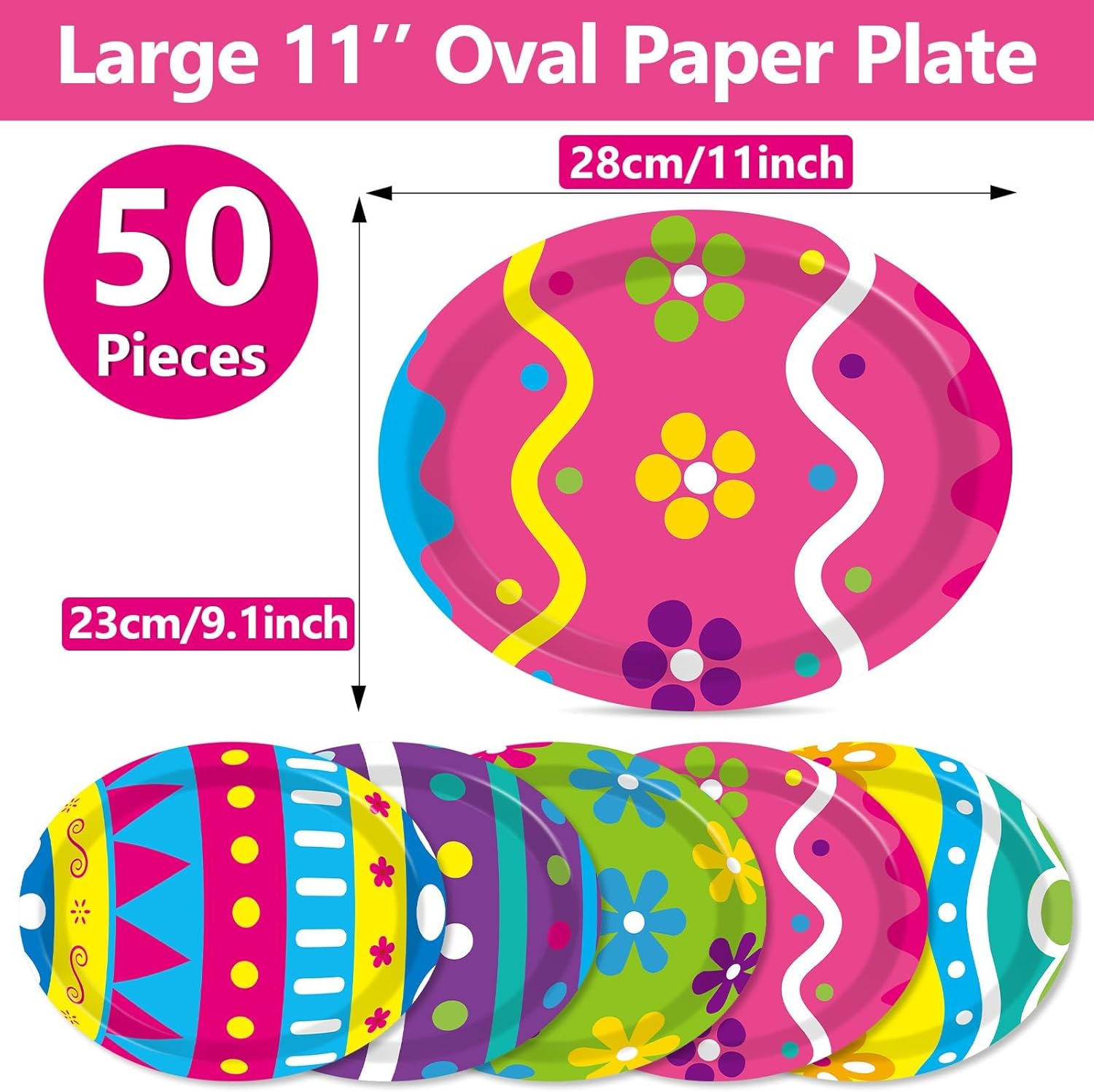 Qyeahkj 50 PCS Easter Oval Paper Plates Large 11 Disposable Colorful Eggs Party Decorations Easter Heavy Duty Supplies Favor for Happy Spring Holiday Party Tableware Set