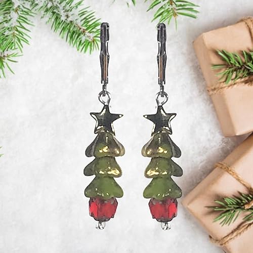 Miniatura 6 de CariCat Designs Handmade Boho Chic Gold Wash Green Christmas Tree with Red Czech Glass Base and Gold Star Atop - French Wire Lever Backs