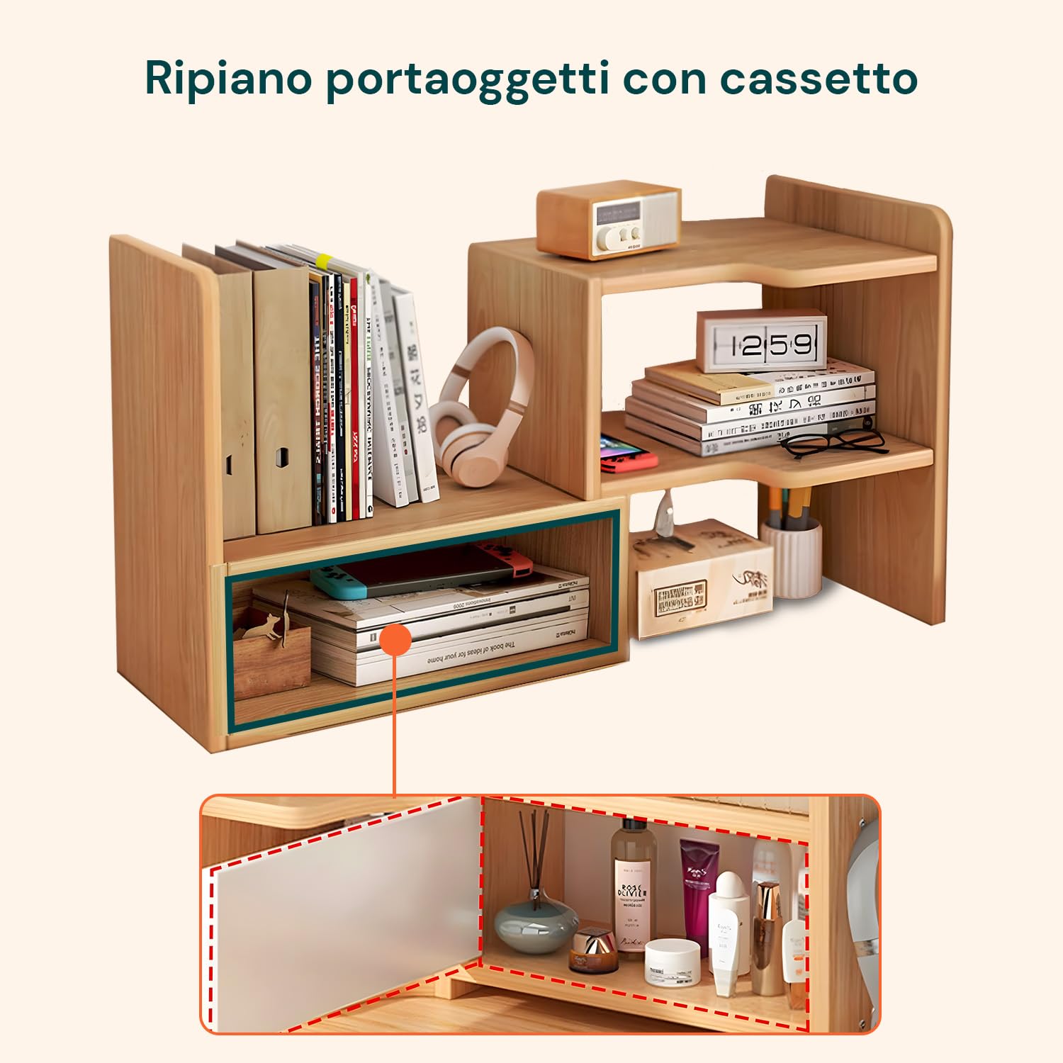 Avilia - Libreria da Scrivania in Legno con 5 Scomparti e 1 Cassetto Estensibile, Organizer Porta Libri da Scrivania Salvaspazio, Design Modulabile Facile da Montare e Resistente