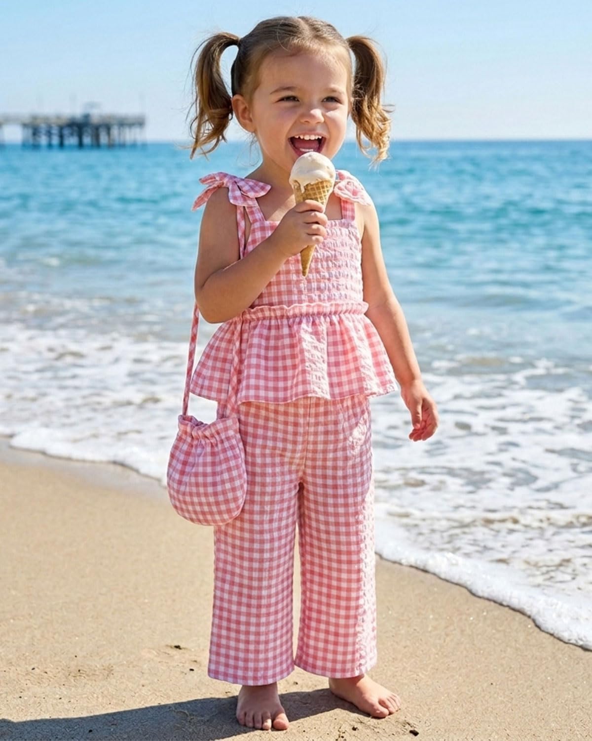 ChuYuKu Baby Girl Clothes Summer Spaghetti Strap Plaid Pants Set with Bag Cute Matching Outfits