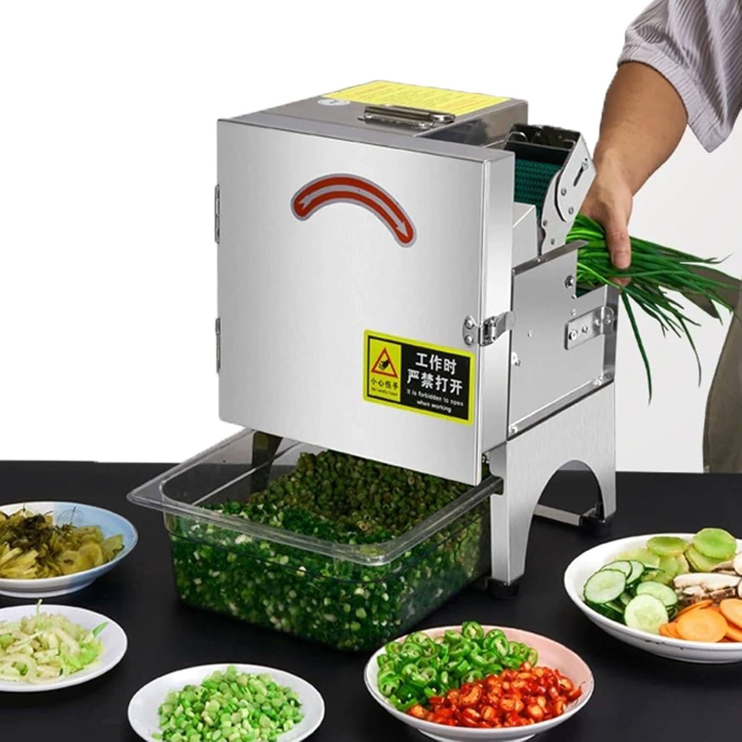 Coupe-oignons électrique en acier inoxydable, puissance de 200 W, port d'alimentation de 70 mm, capacité de 150 kg/h, équipement de cuisine robuste pour la préparation de restauration rapide