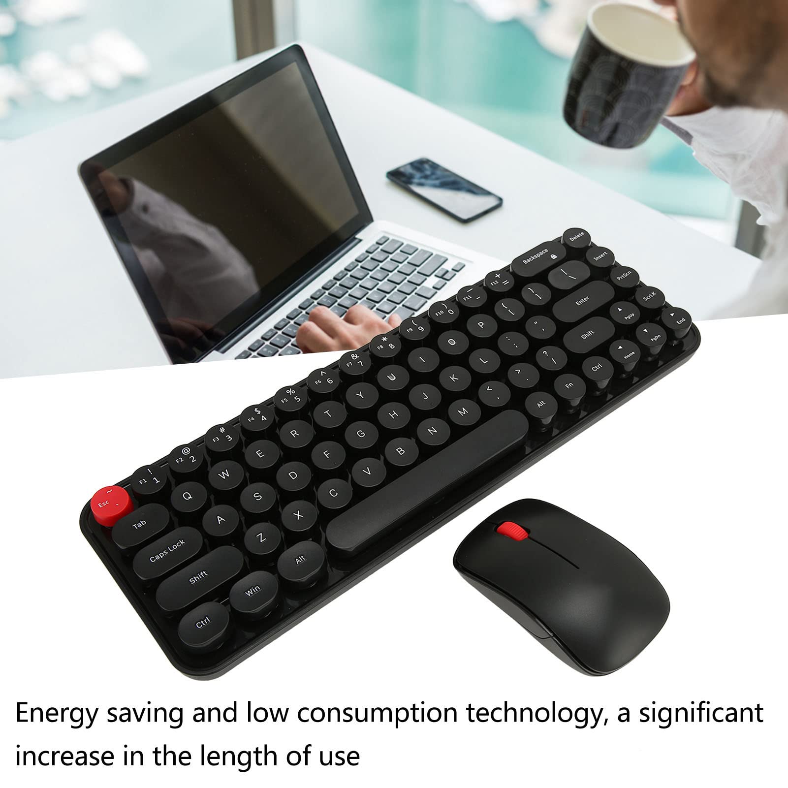 Retro Full Size Typewriter Keyboard, 2.4G Keyboard and Mouse Combo 68 Keys with Multimedia Function Keys and Number Pad, Round Keycaps for PC Computer Laptop
