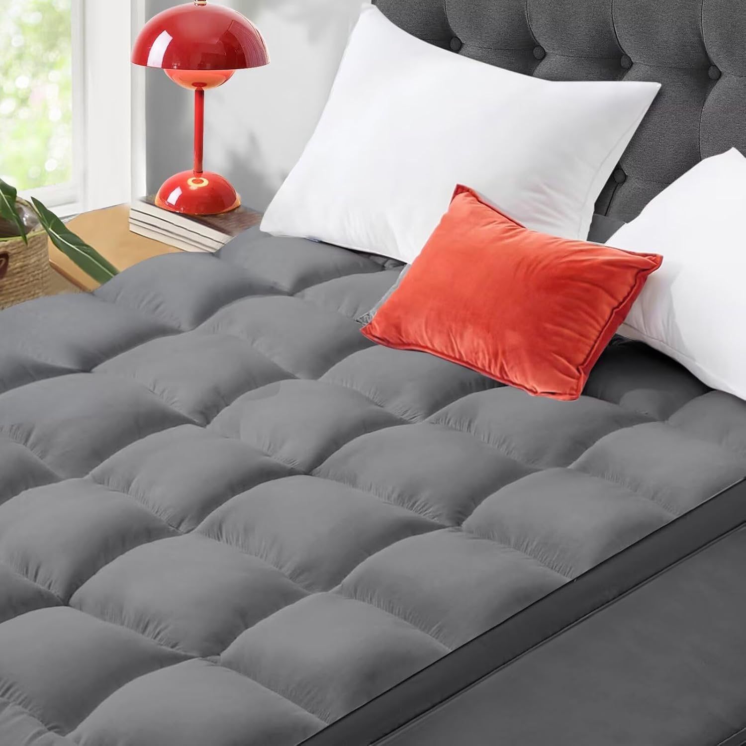 queen mattress topper, cymula cooling mattress pad cover pillowtop for bed back pain, extra thick mattress protector firm soft floor fill overfilled with 8-21 inch deep pocket, 60"x80"gray queen charcoal gray