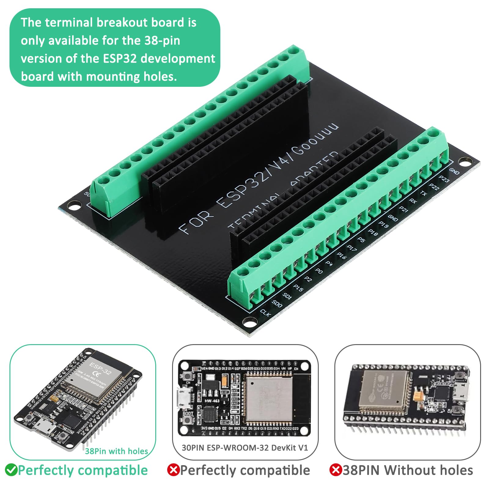 TNSLAND Scheda Breakout ESP32 38 Pin Espansione GPIO - Scheda ESP32 Adattatore Splitter con Morsetti a Vite e Pin Header, PCB Doppio Strato Senza Saldatura per Scheda ESP32 Sviluppo DIY 3 Pezzi