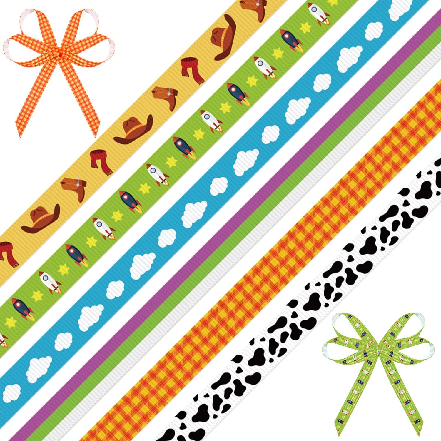 6 Pieces Cartoon Story Ribbon Set, Cowboy Space Adventure Theme Grosgrain Ribbons, 3/8inch Blue Sky White Cloud Ribbon, Yellow Plaid Printed Ribbons for Gift Wrapping DIY Birthday Party Favor