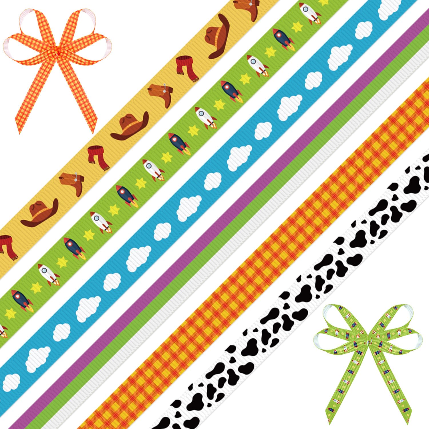 6 Pieces Cartoon Story Ribbon Set, Cowboy Space Adventure Theme Grosgrain Ribbons, 3/8inch Blue Sky White Cloud Ribbon, Yellow Plaid Printed Ribbons for Gift Wrapping DIY Birthday Party Favor