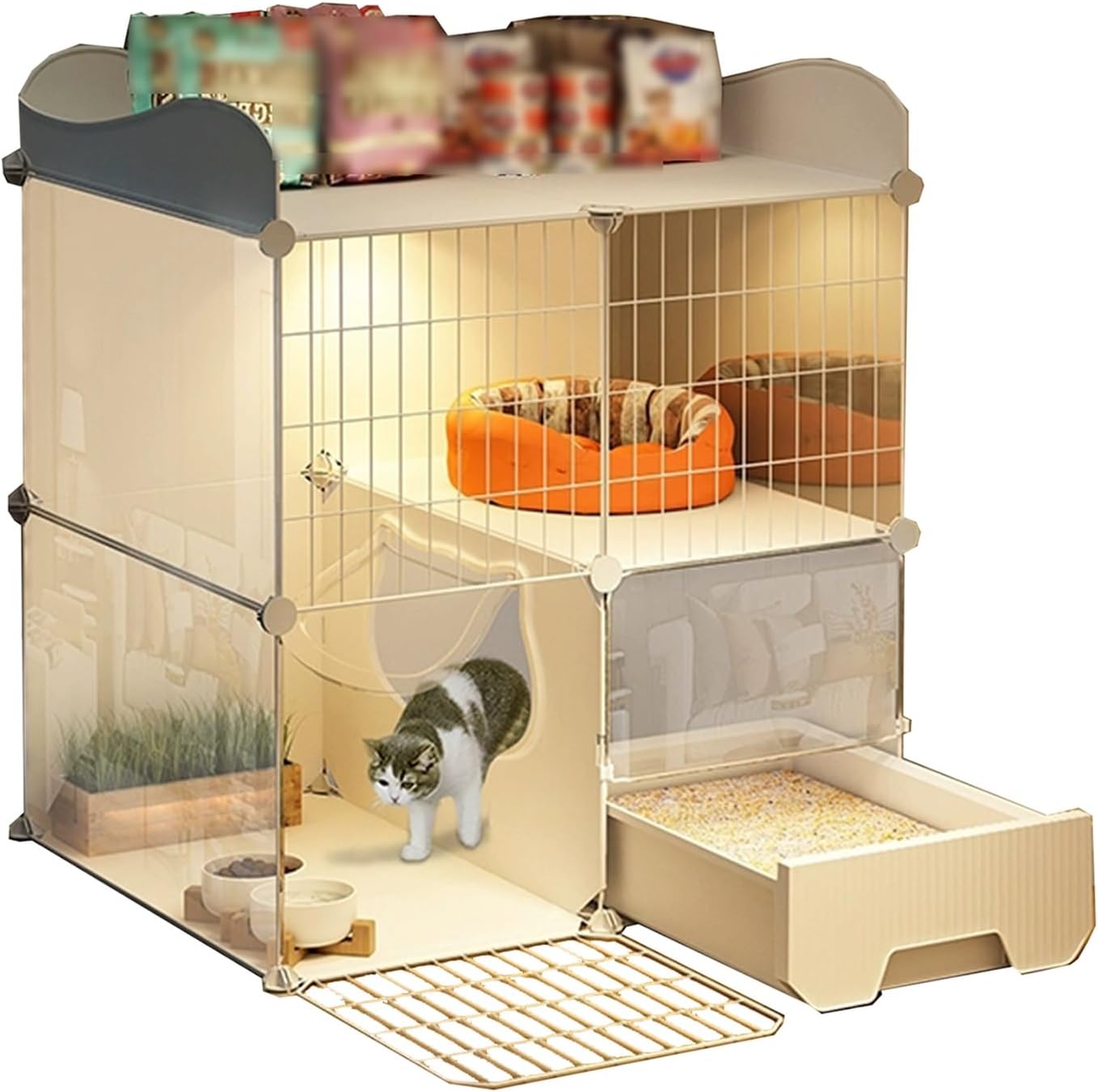 2 Tier DIY s Indoor, Cat Enclosures Indoor with Top Storage Area, Cats Cage with Litter Box, PP Resin, Iron Mesh Cats Kennel for Ferret, Chinchilla, Rabbit(37cm/15in)