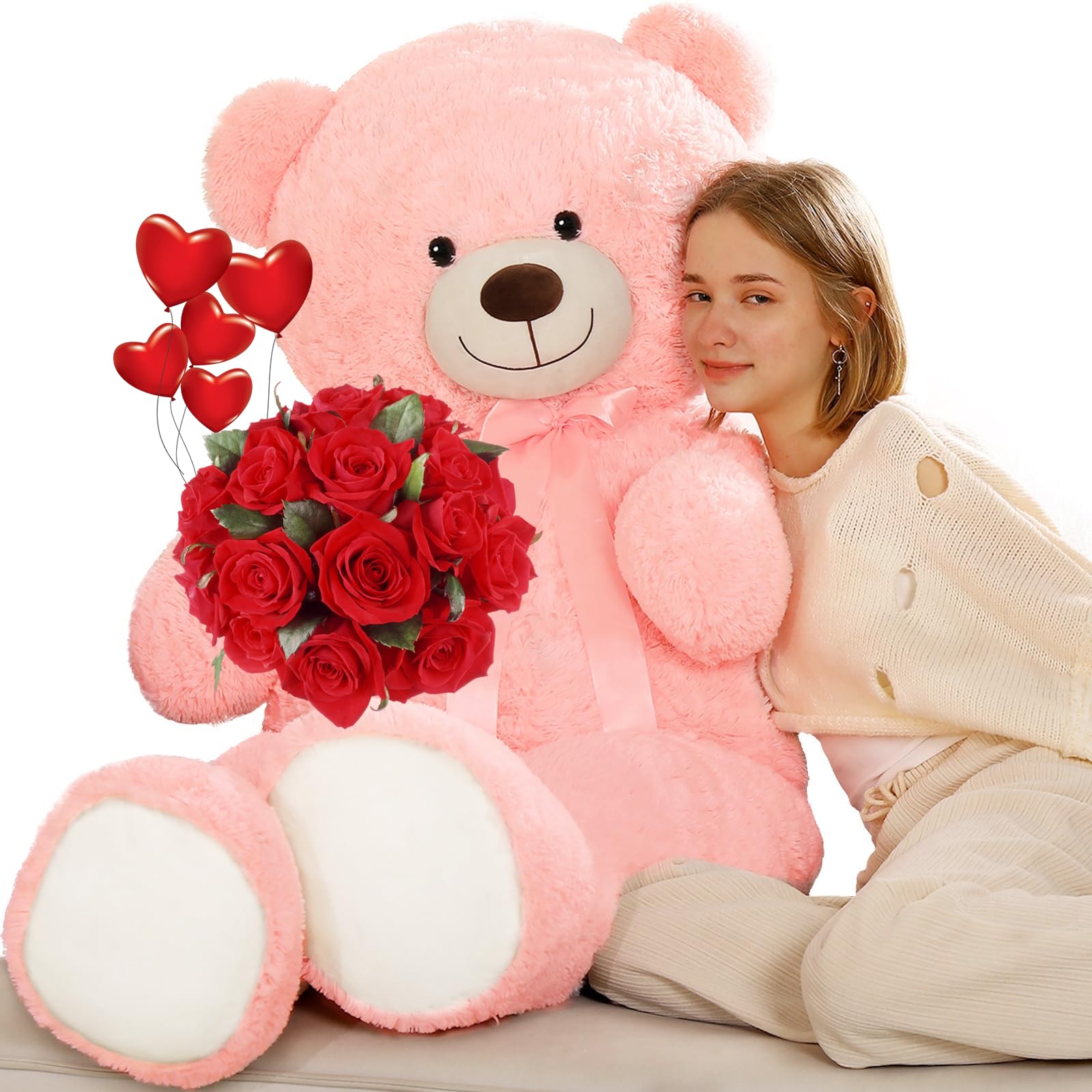 Tezituor 52 Inch Giant Teddy Bear Stuffed Animal, Pink Big Teddy Bear Plush Toys for Girlfriend, Kids, Life Size Large Bear Plushies Gift for Valentine’s Day, Christmas, Birthday