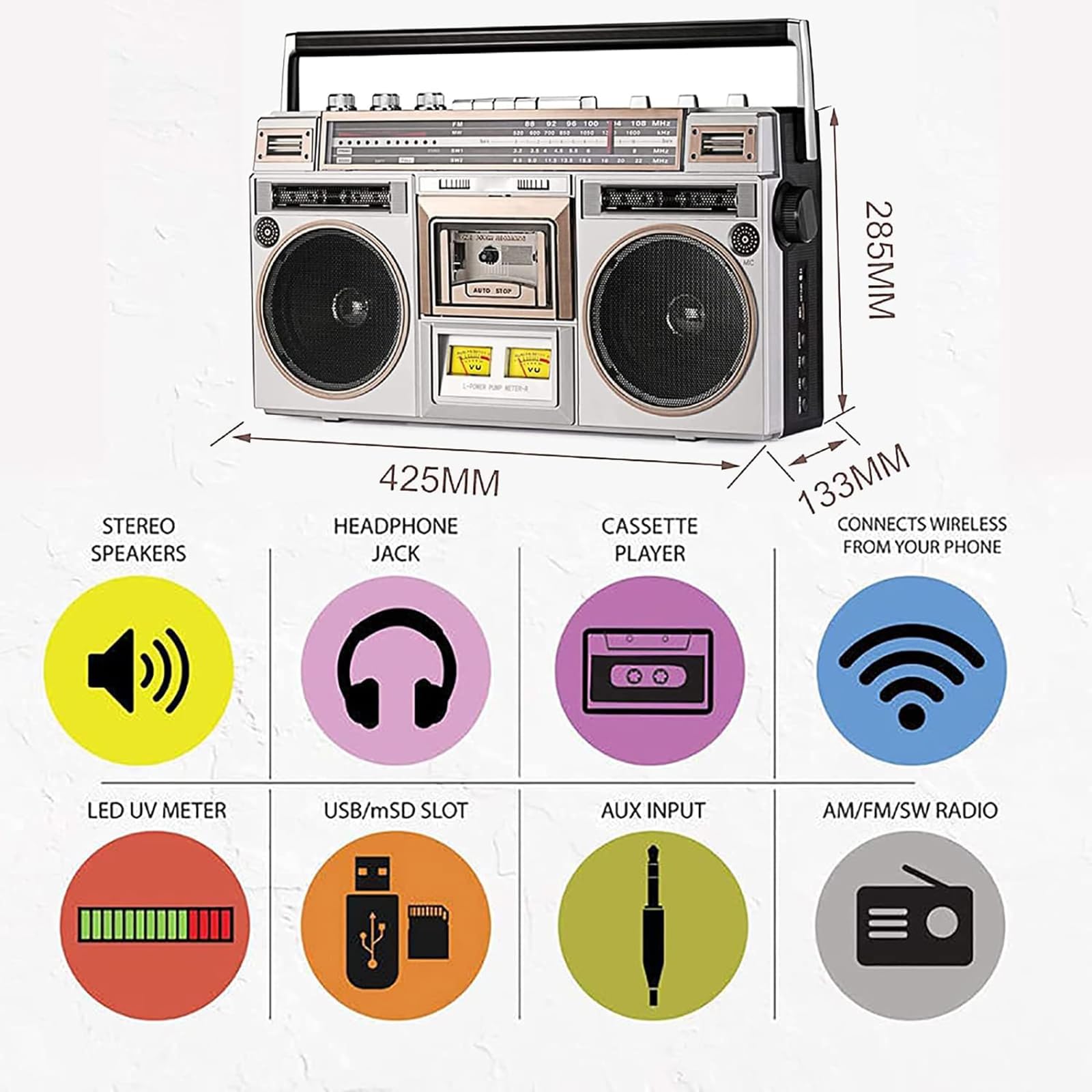 Boombox Bluetooth, radio AM/FM retrò anni '80 con altoparlanti stereo integrati, supporta ingresso SD/USB, ideale per famiglie, scuole e negozi