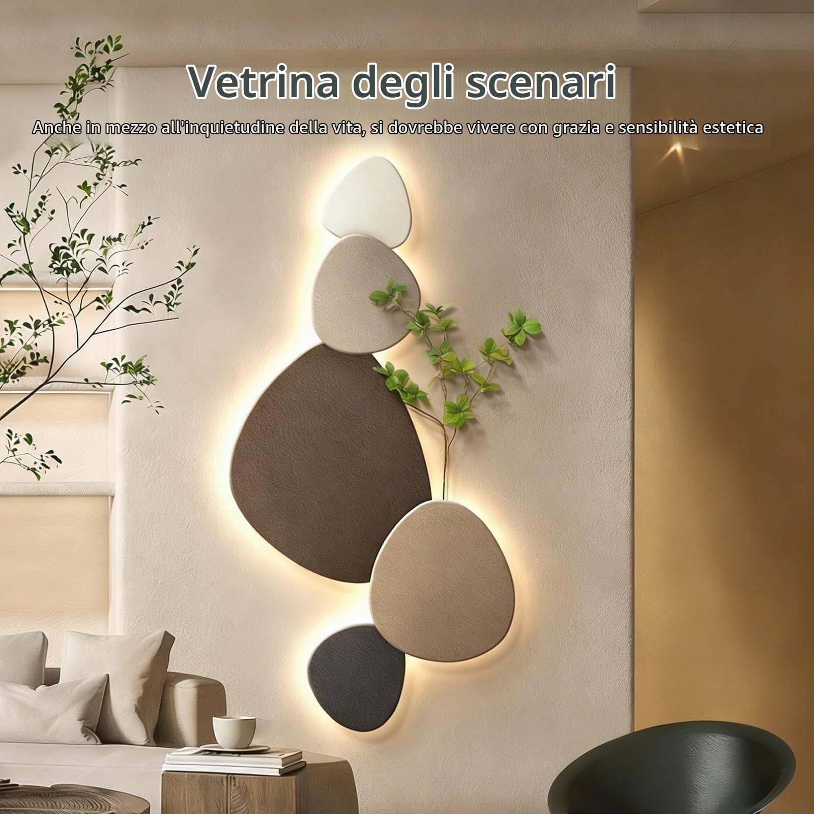 Decorazione da Parete LED 3D, Scultura Murale in Arenaria, Quadro in Rilievo con Retroilluminazione, Grande per Soggiorno Camera Letto Ingresso Corridoio(A,40 * 80CM)