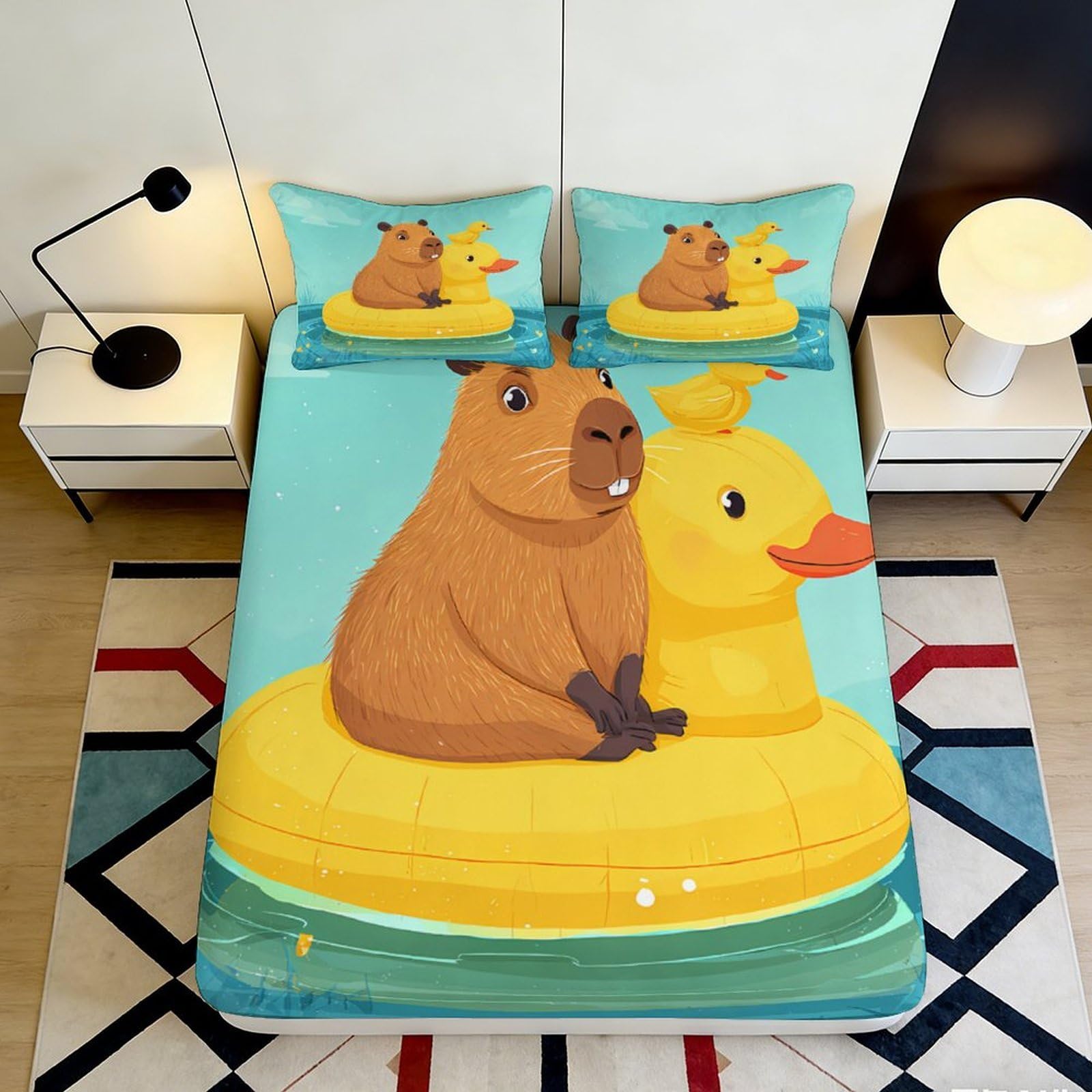 3D Printed Cartoon Capybara Fitted Sheet Microfiber Soft Breathable Yellow Duck Bed Cover for Bedroom Dormitory Guest Room Mattress Protection 180x200x25cm
