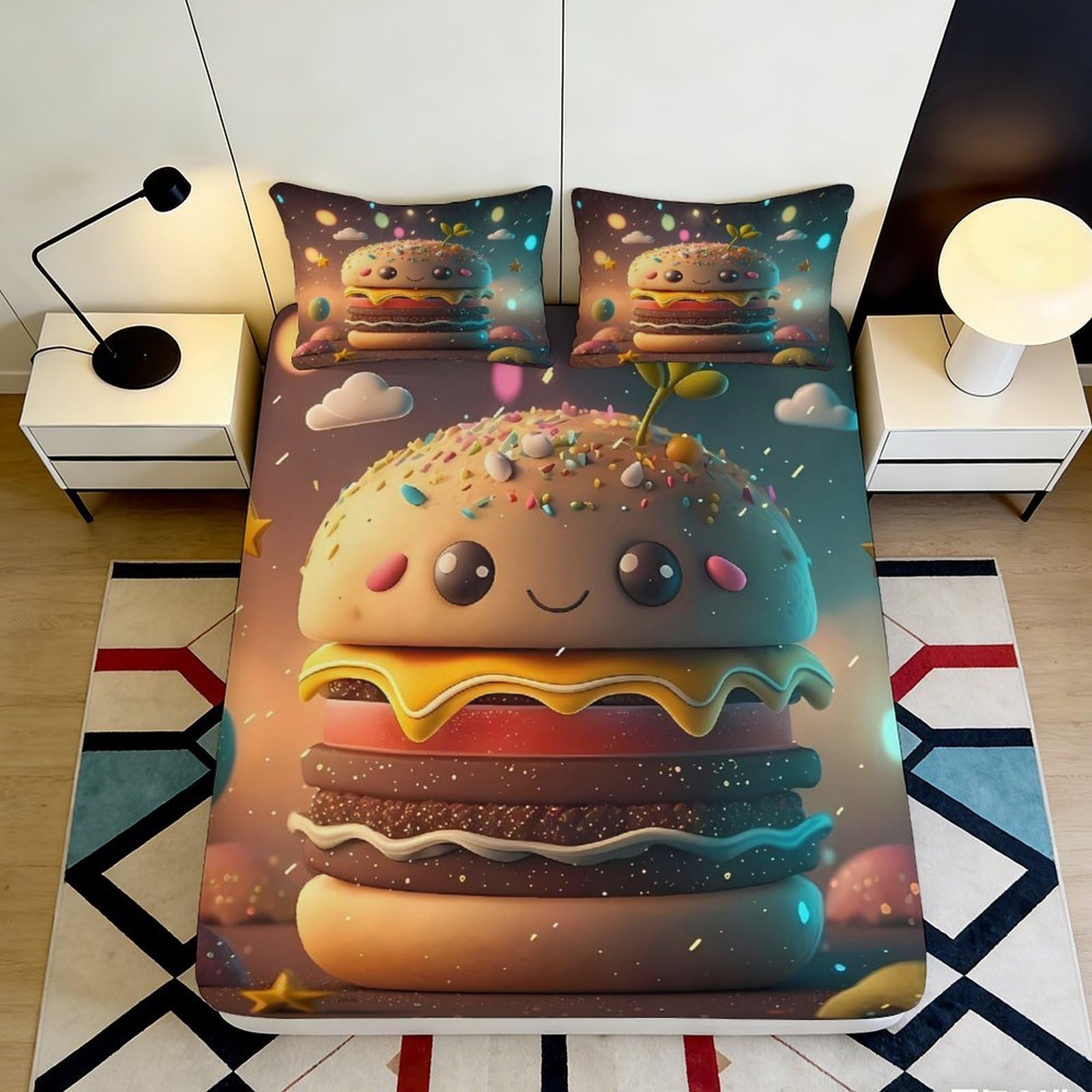 3D Printed Cartoon Burger Fitted Sheet Microfiber Deep Pocket Non-Slip Full Wrap Bedroom Bedding Burger Mattress Fitted Cover 200x200x25cm 90x200x25cm