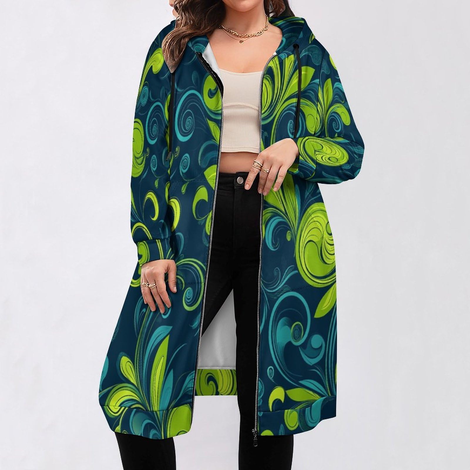 Felpa Donna con Zip Felpe Sportiva con Tasche E Cappuccio Vortici Verde Limone Morbida Invernale Giacca Regolabile Confortevole per Uso Quotidiano Casual
