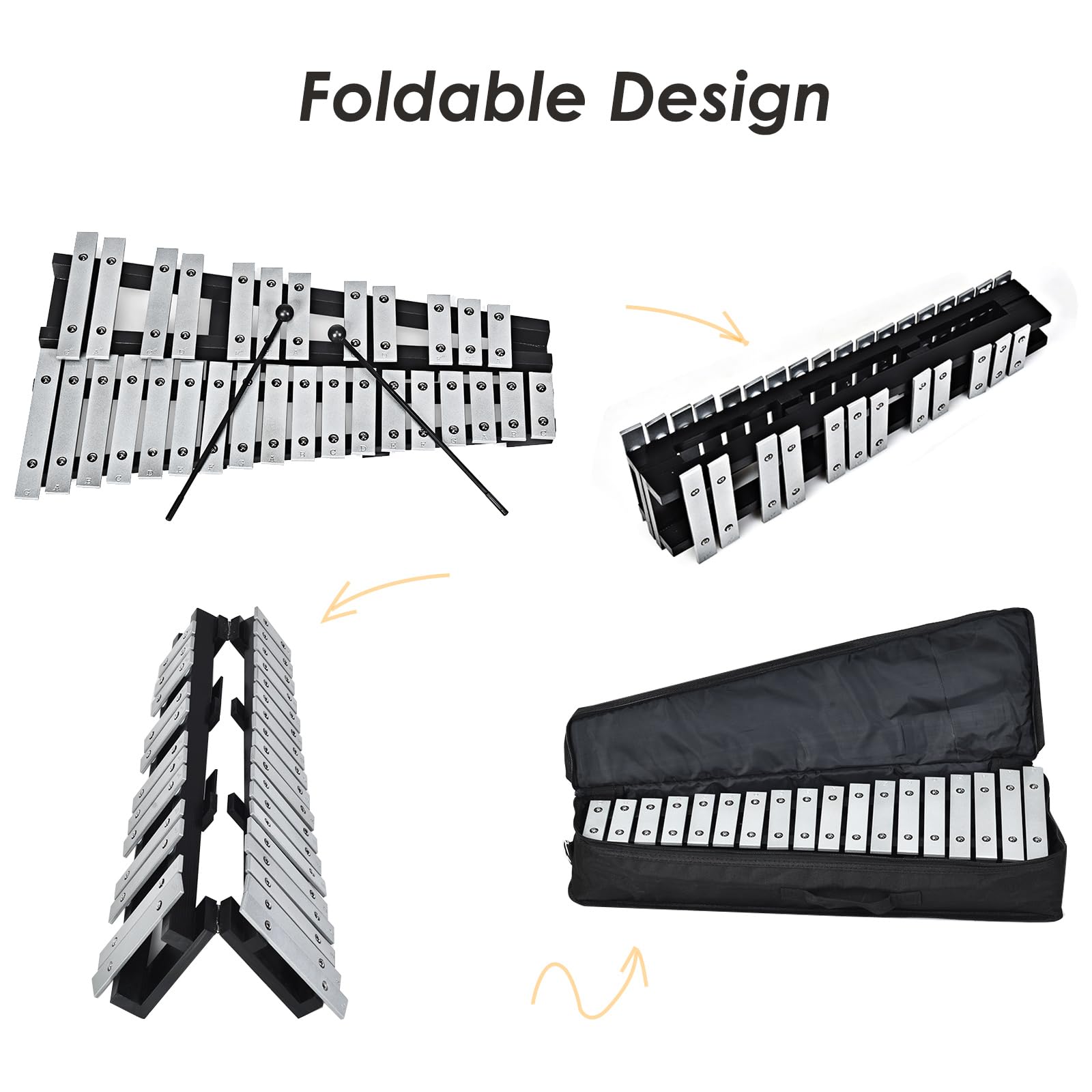 KOMFOTTEU Xilofono 30 note, carillon con tasti in metallo e 2 bacchette, strumento a percussione a mano, con custodia per il trasporto, strumento musicale per bambini e adulti