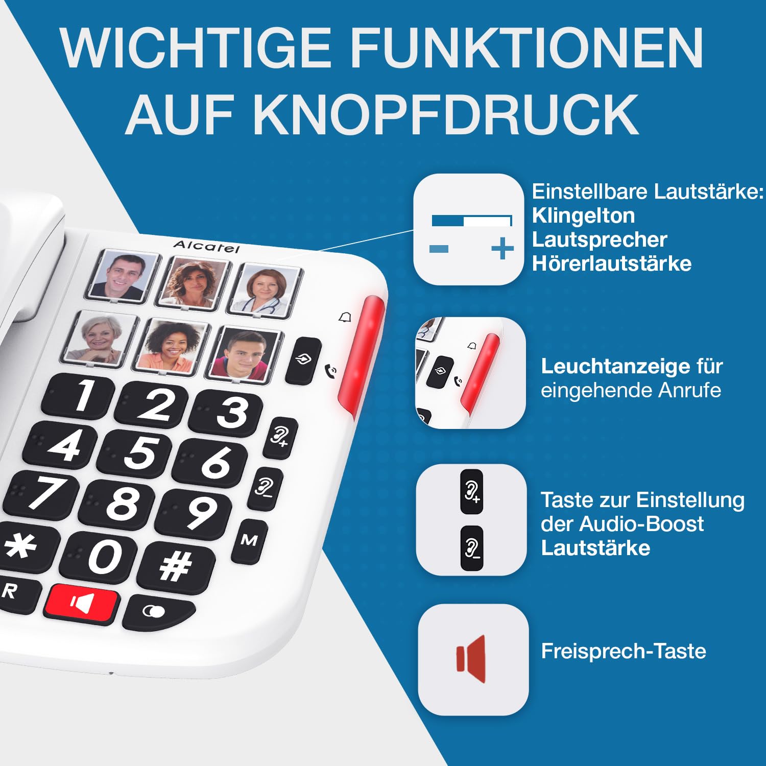 ALCATEL TMAX 10+ Schnurgebundenes Festnetztelefon für Senioren – Große Tasten – Audio Boost – Tasten mit Fotos – Freisprechen – Leuchtanzeige für Anrufe – Lauter Klingelton – Hörgerätekompatibel