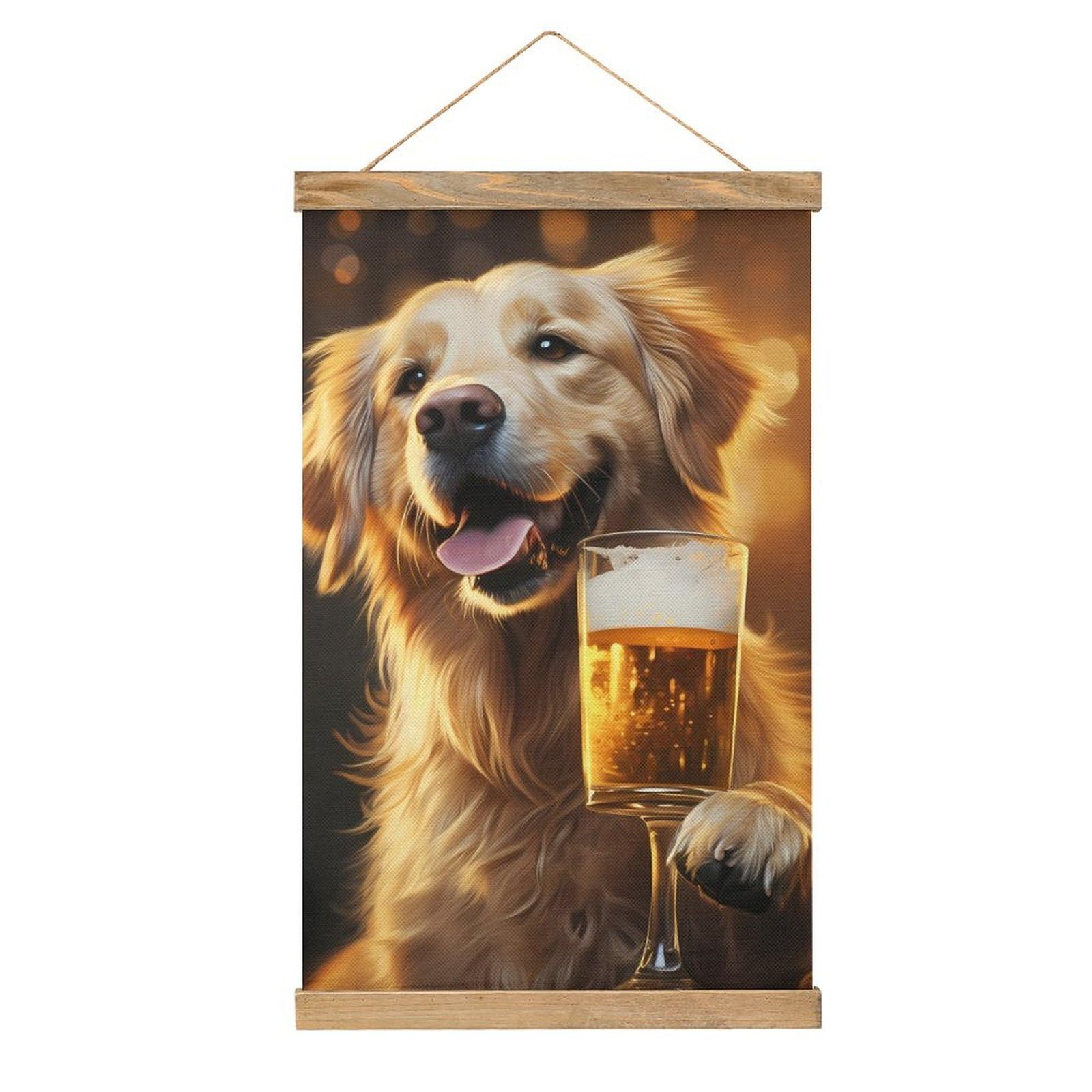 CGSBNGHA Gold Retriever Dog And Beer Wall Art Prints Linen Hanging Painting Scroll Paintings Pictures Decor for Home