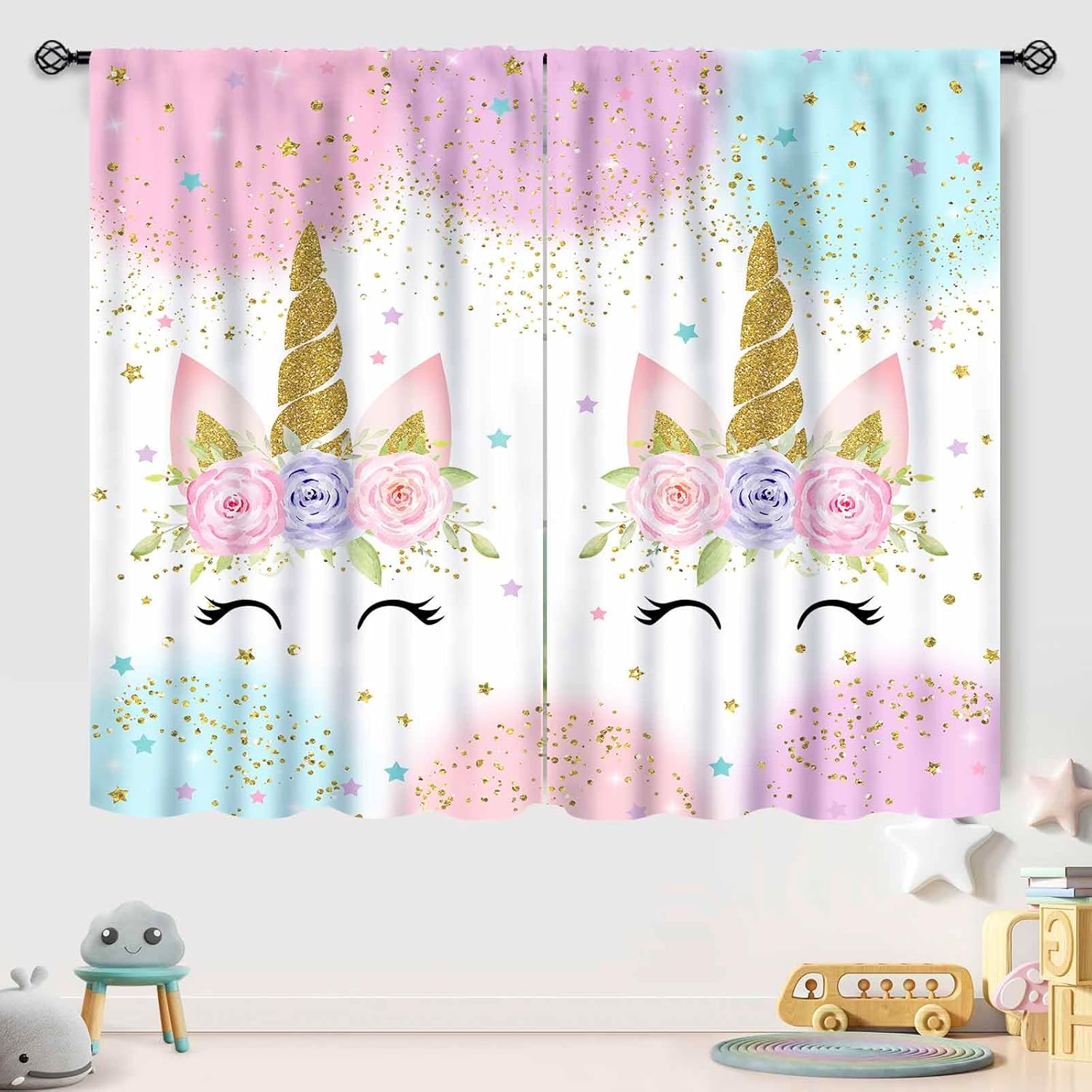 Unicorn Curtains for Girls Bedroom,Pink Fantasy Rainbow Princess Unicorn Windows Treatments for Girls Kids Baby Room Living Room Nursery Drapes 2 Panels,55X63 Inch
