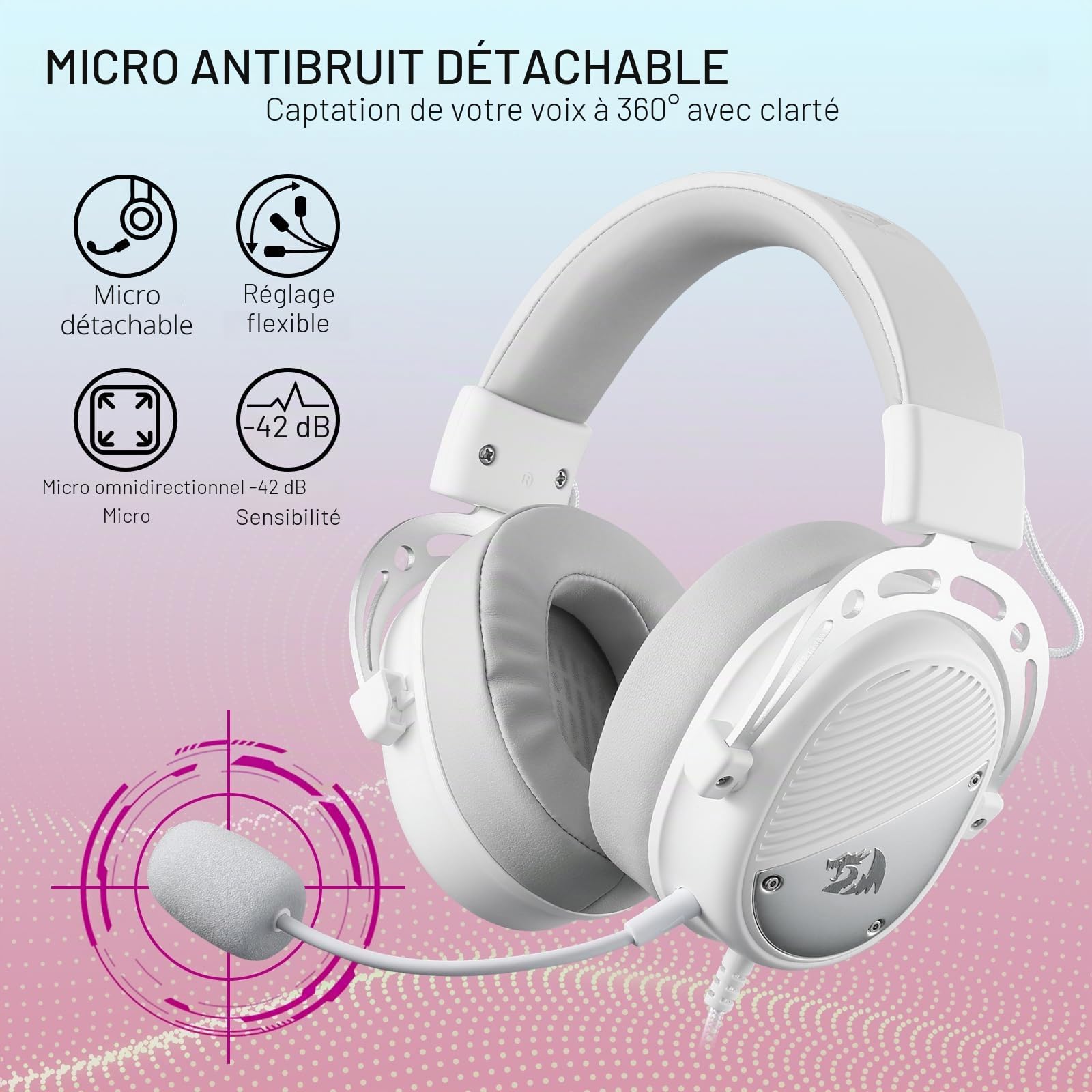 Redragon H730 Casque Gamer Filaire USB 53mm Son 360 Micro Detachable Blanc | Casque gamer filaire USB pilotes 53mm son 360 micro anti bruit detachable coussinets magnetiques blanc pour PC PS4 PS5